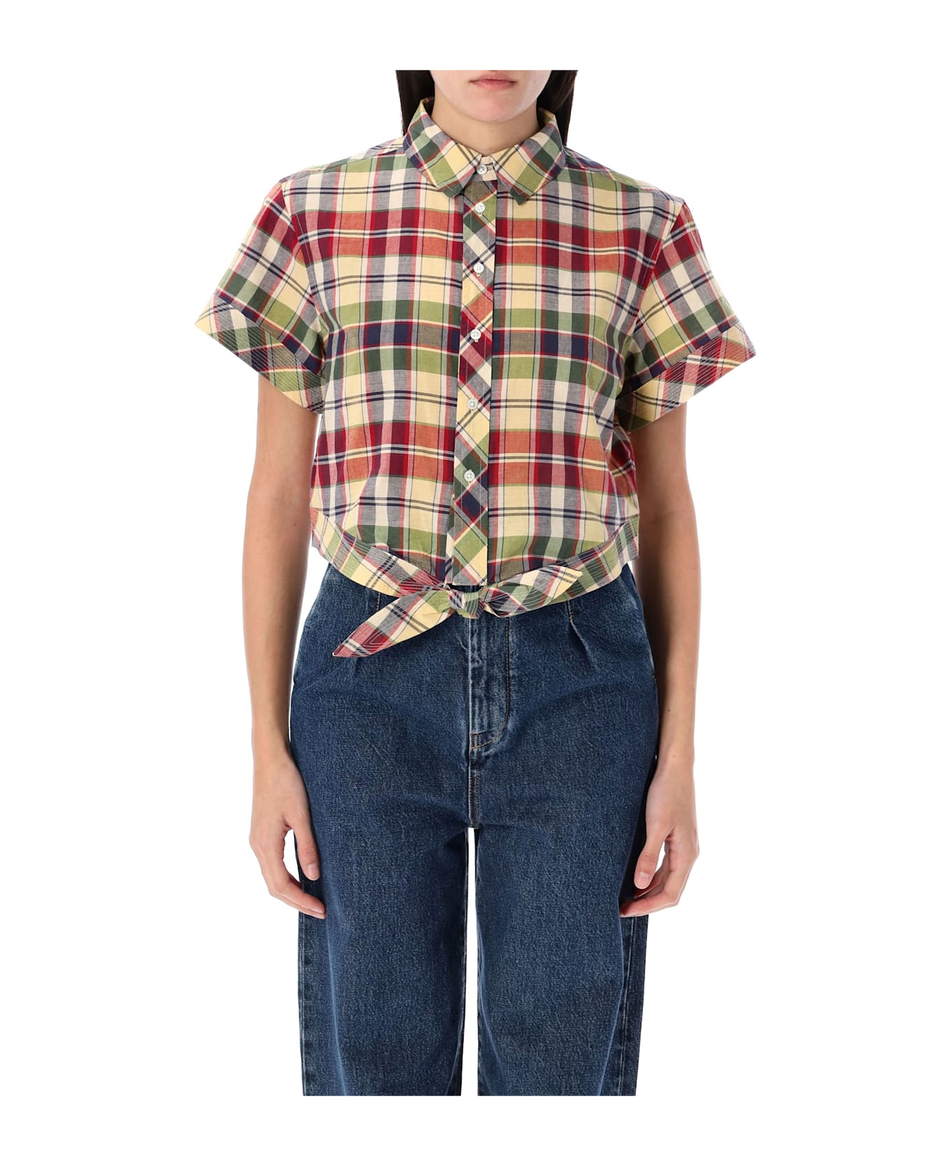 Polo Ralph Lauren Cropped Plaid Tie-front Top - RED YELLOW CHECK