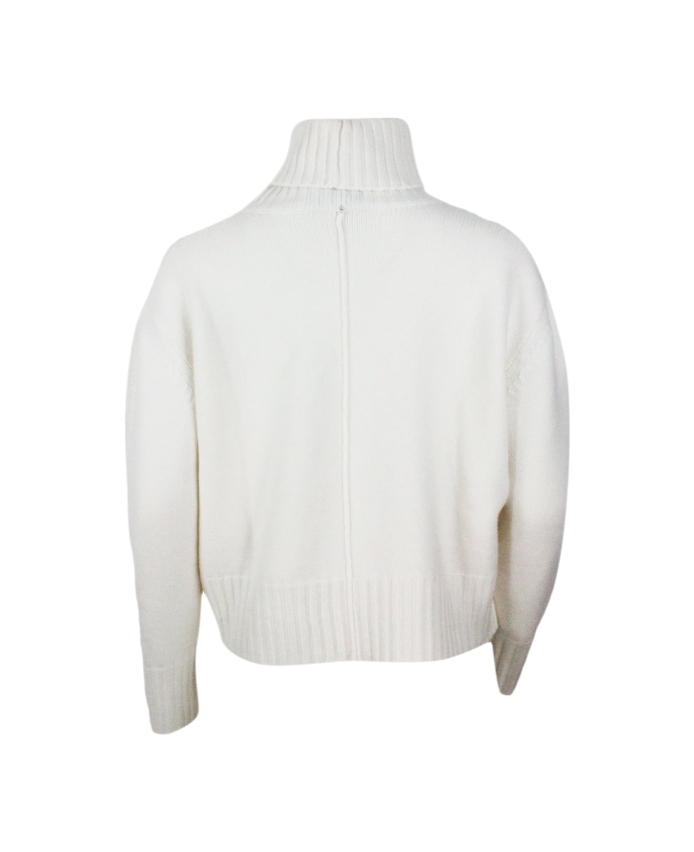 Lorena Antoniazzi Turtleneck Sweater Made Of Soft Wool, Cashmere And Silk With Three-dimensional Work On The Front - White