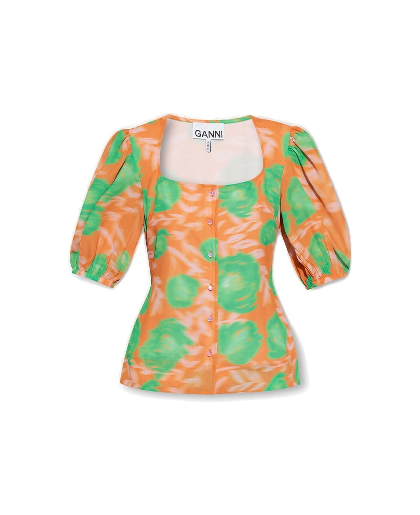 Ganni Floral-printed Button-up Crepe Blouse - Orange