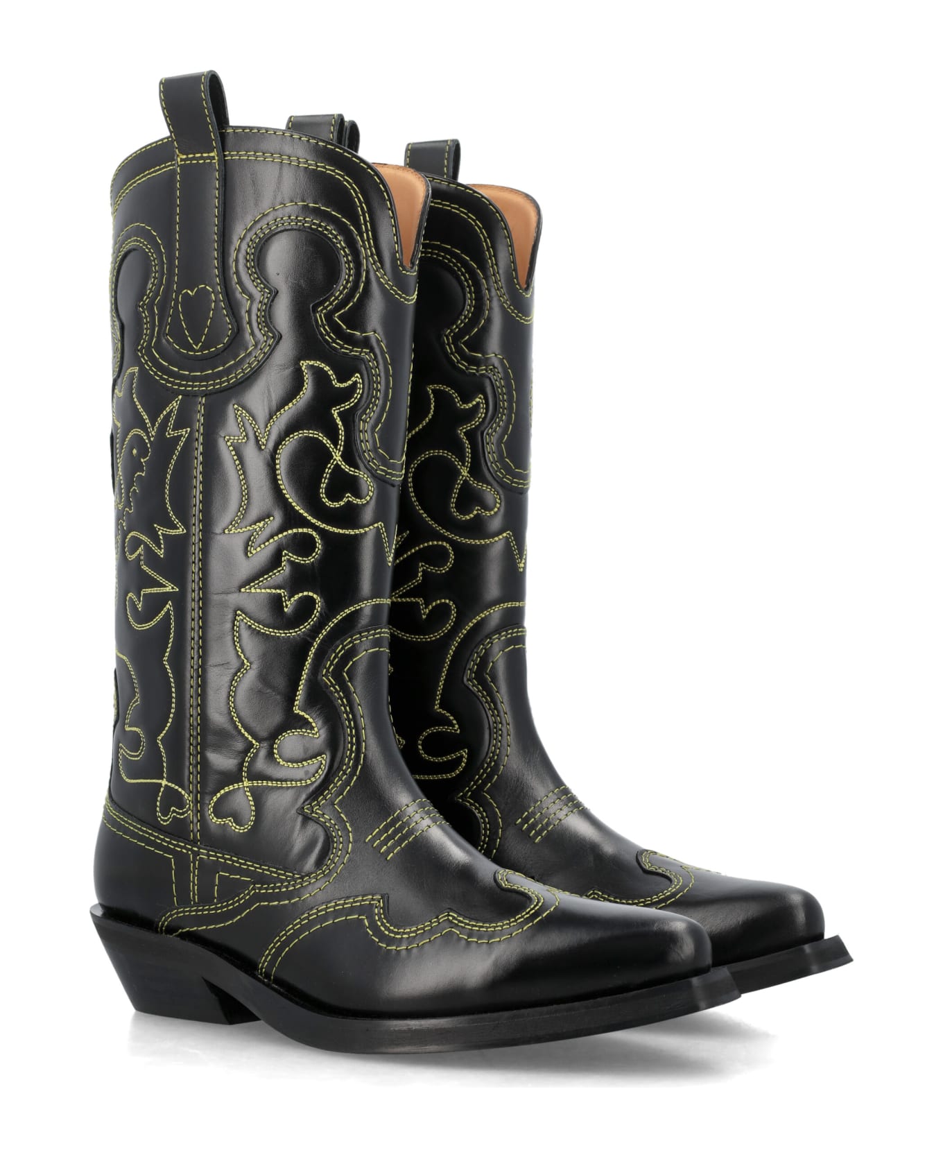 Ganni Mid Shaft Embroidered Western Boots - BLACK ブーツ