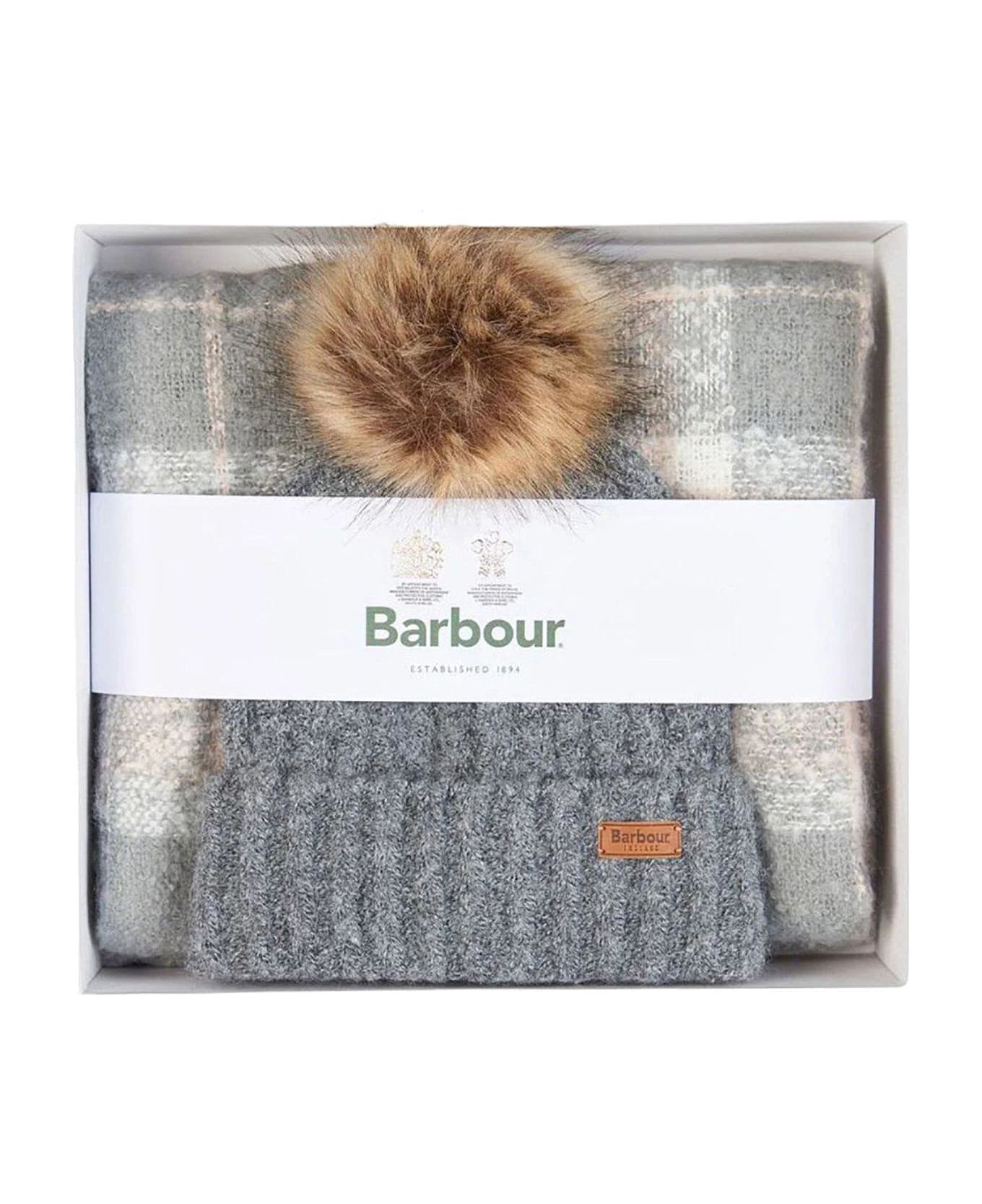 Barbour Saltburn Tartan Scarf & Beanie Knitted Set - Grey rose