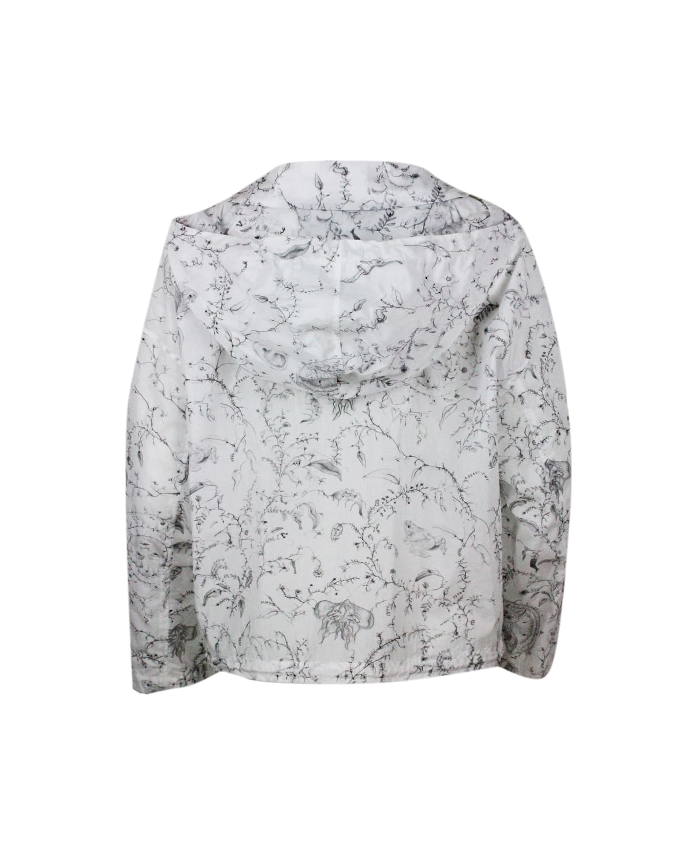 Fabiana Filippi Windproof Jacket In Light Nylon With Hood And Button Closure In Branch Pattern Print - White