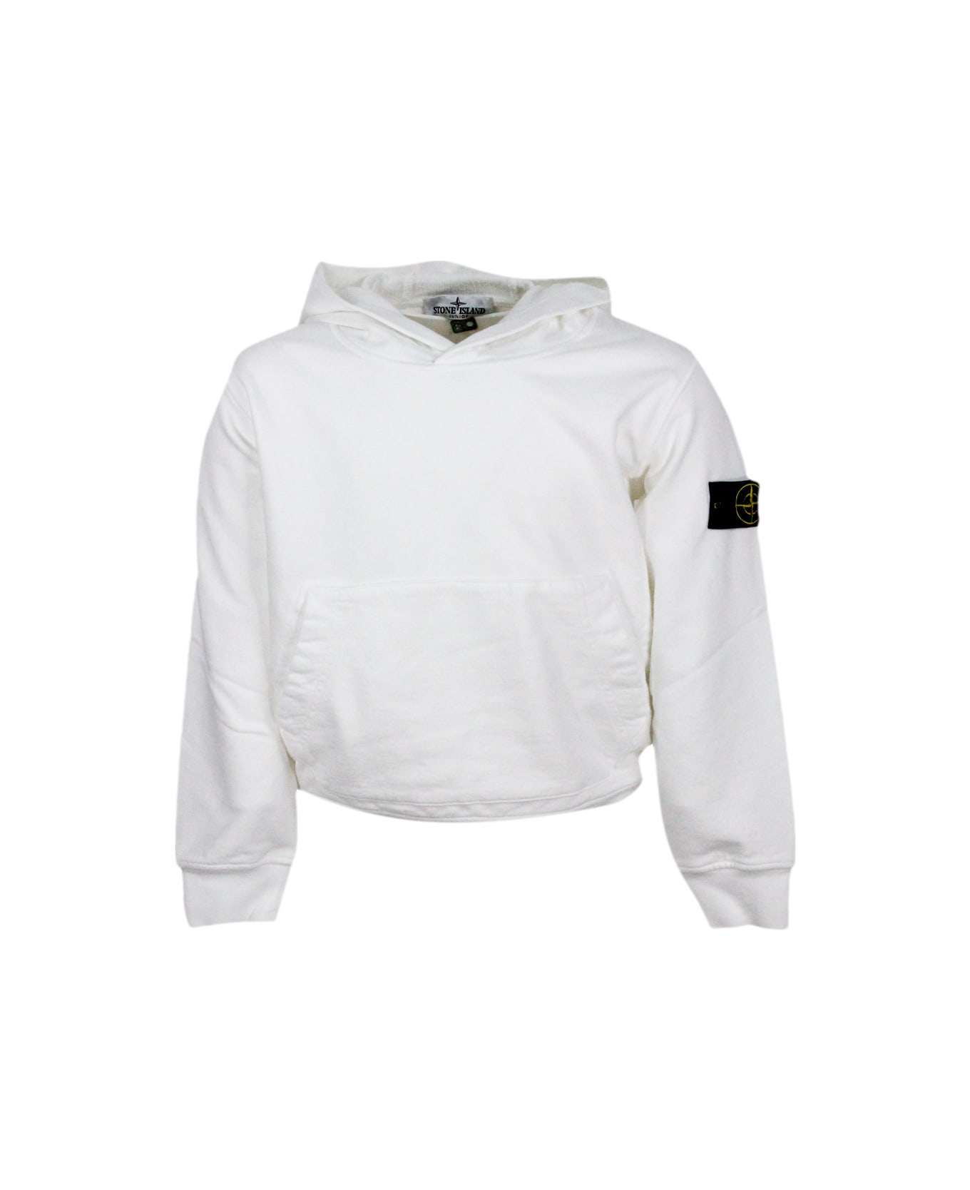 Stone Island Junior Cotton Sweatshirt With Hood, Kangaroo Pockets And Logo On The Sleeve - White