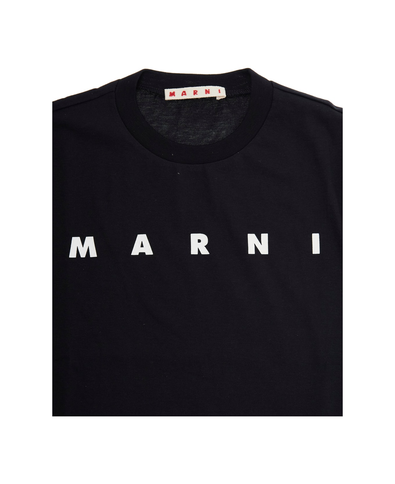 Marni Black Crewneck T-shirt With Logo Print In Cotton Girl - Black
