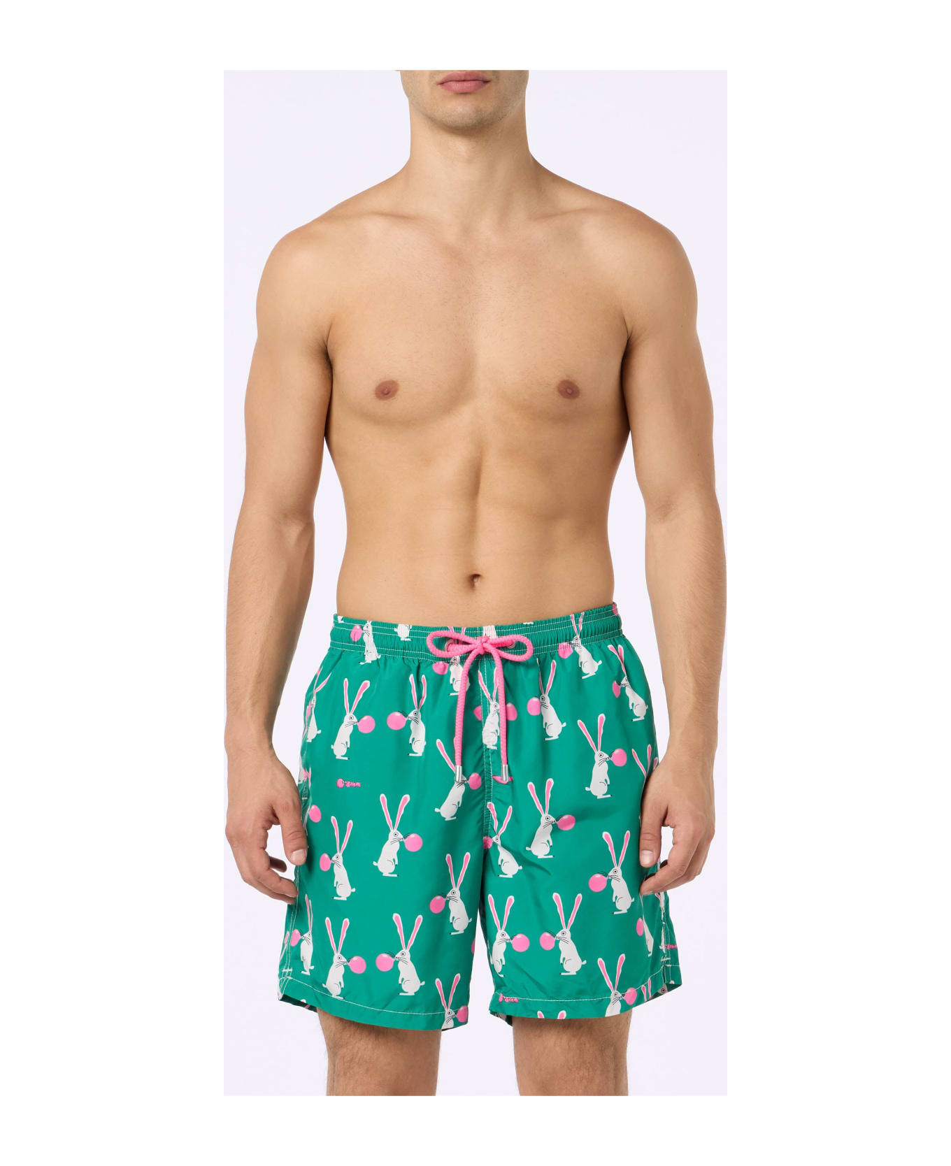 MC2 Saint Barth Man Lightweight Fabric Swimshorts Lighting With Big Babol Rabbits Print | Big Babol Special Edition - GREEN