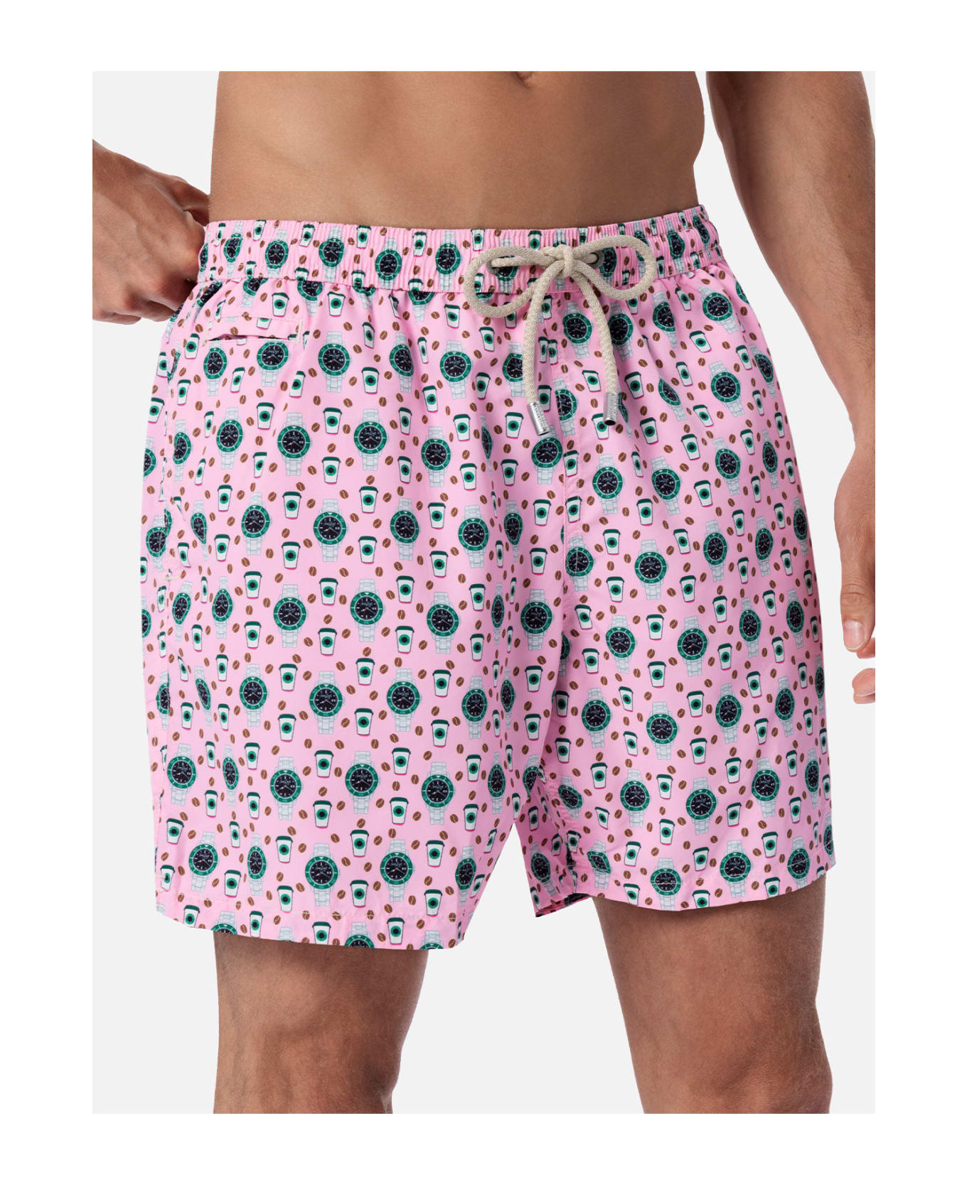 MC2 Saint Barth Man Lightweight Fabric Swim-shorts Lighting Micro Fantasy With Watches Print - PINK