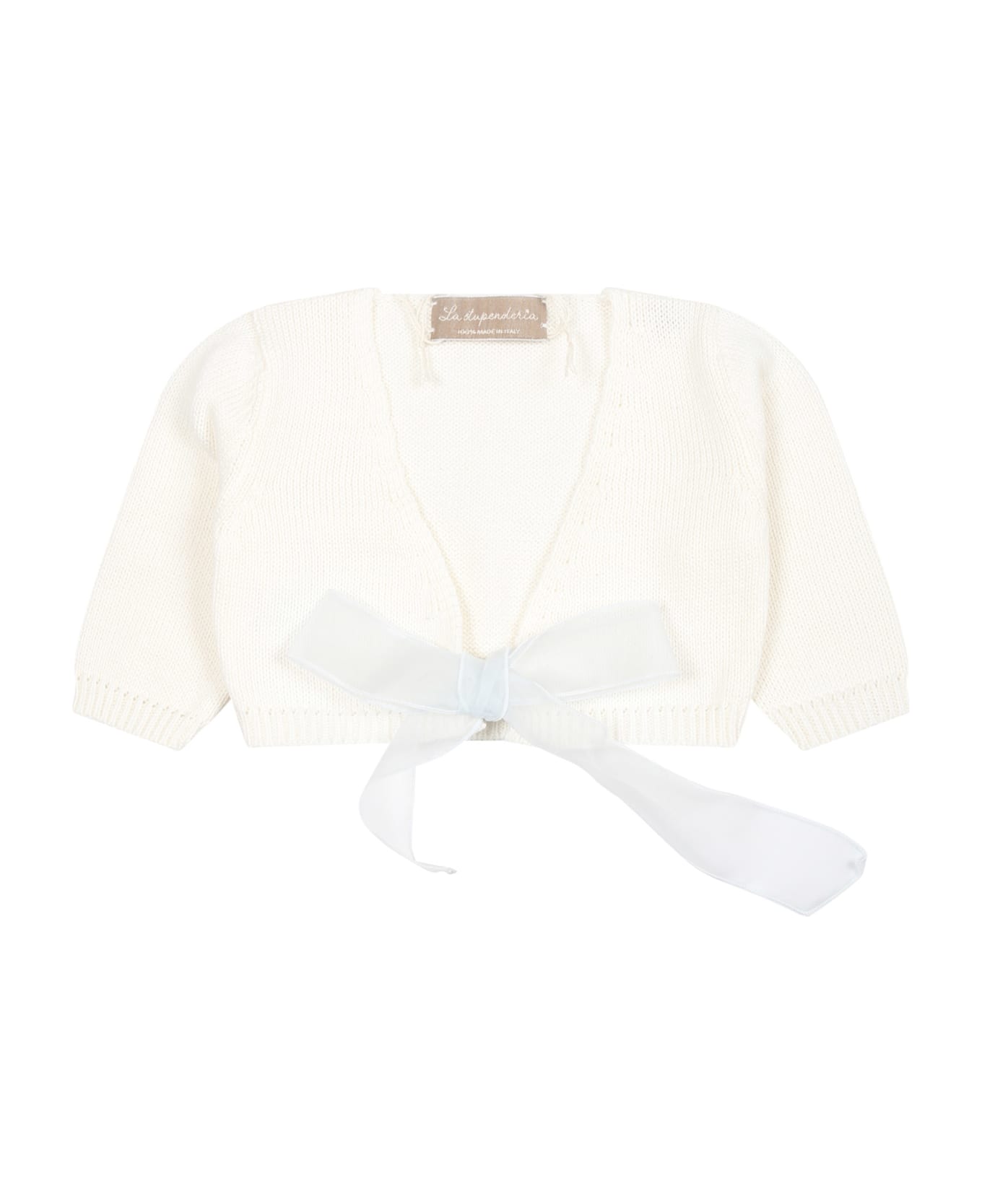 La stupenderia White Cardigan For Baby Girl With Light Blue Bow - White