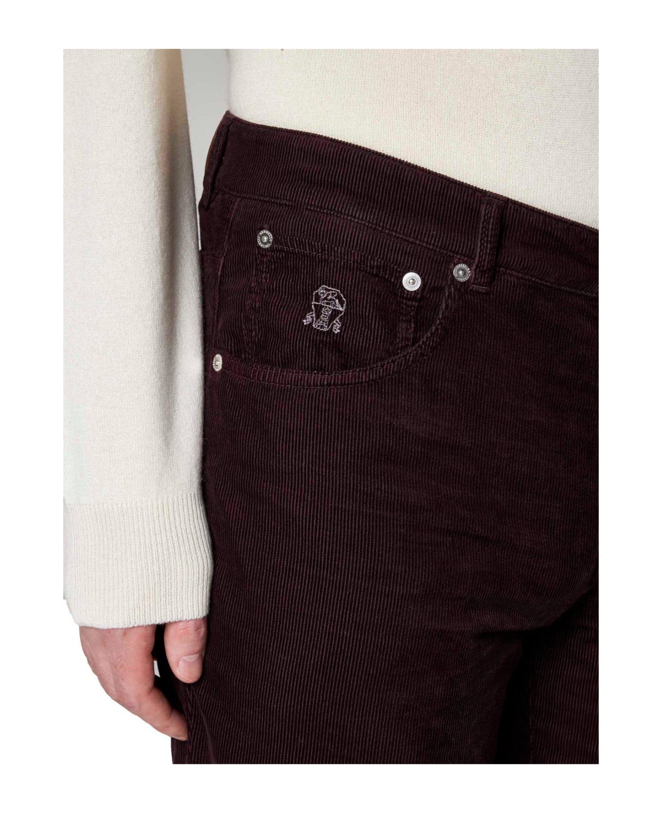 Brunello Cucinelli Logo Embroidered Cropped Corduroy Pants - Bordeaux ボトムス