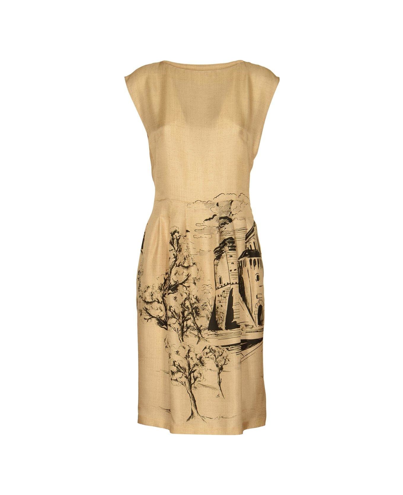 Alberta Ferretti Graphic Printed Sleeveless Dress - Beige