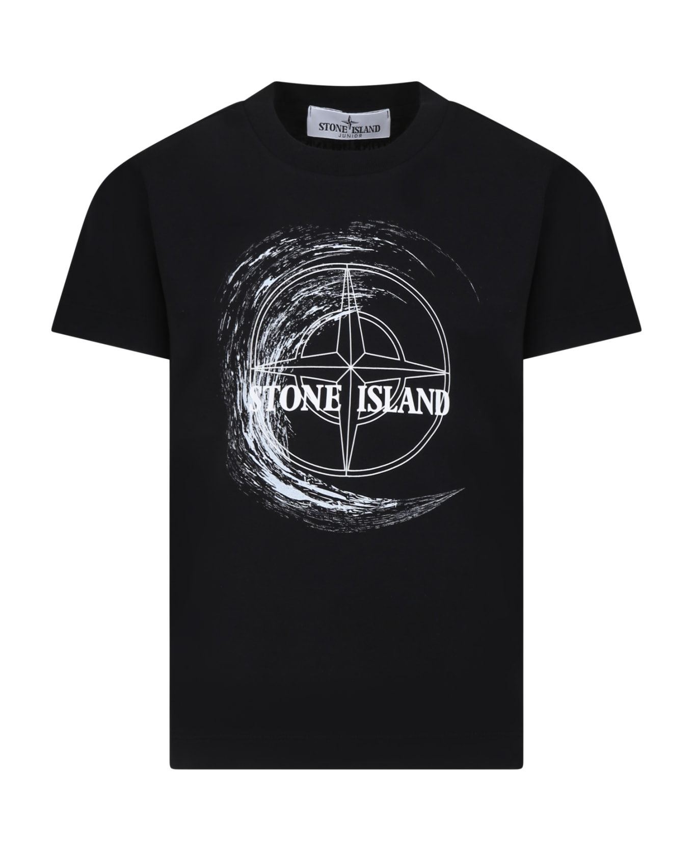 Stone Island Junior Black T-shirt For Boy With Print And Logo Tシャツ＆ポロシャツ