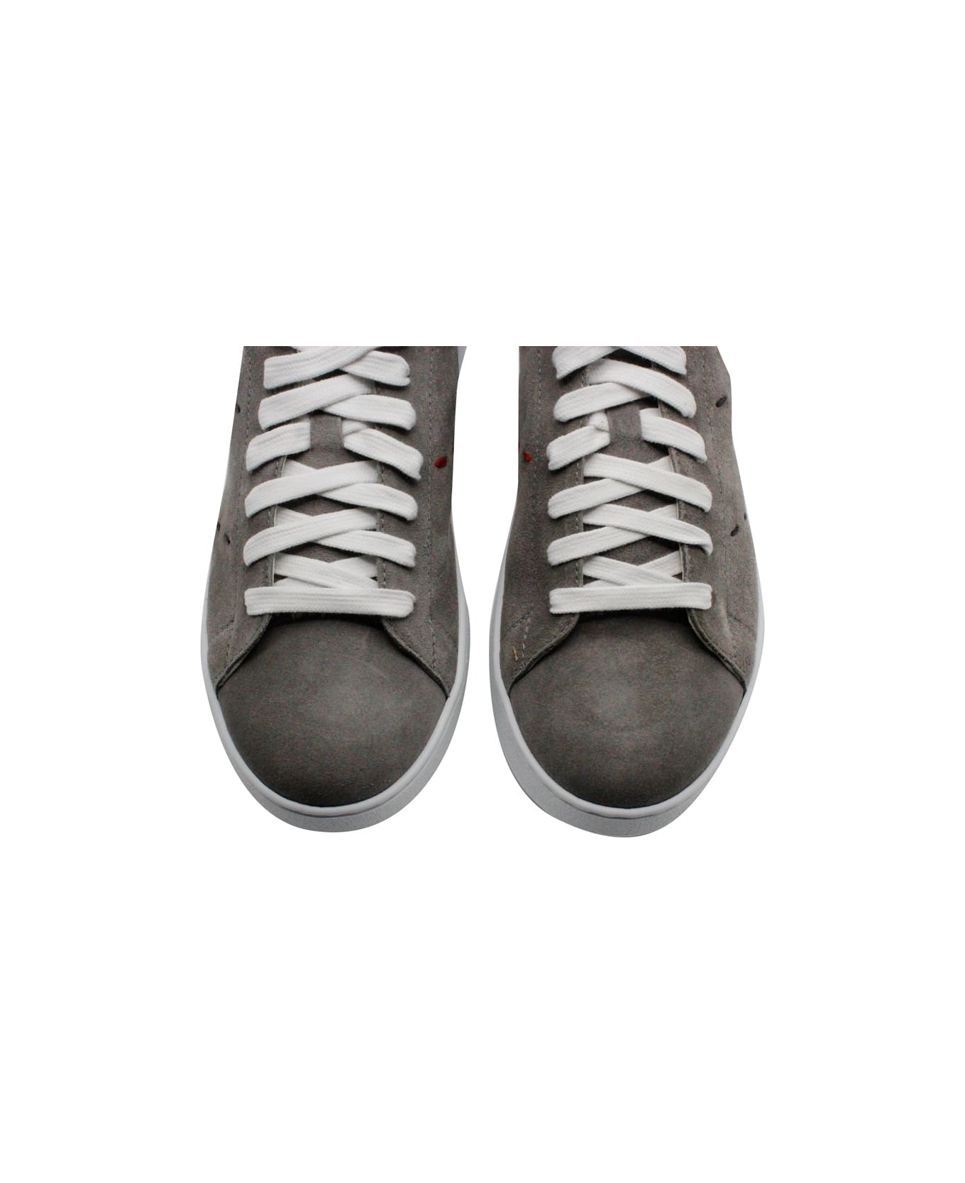 Kiton Light Sneaker Shoe In Soft Suede Leather And With Contrast Stitching. Tongue With Logo Print - Grey