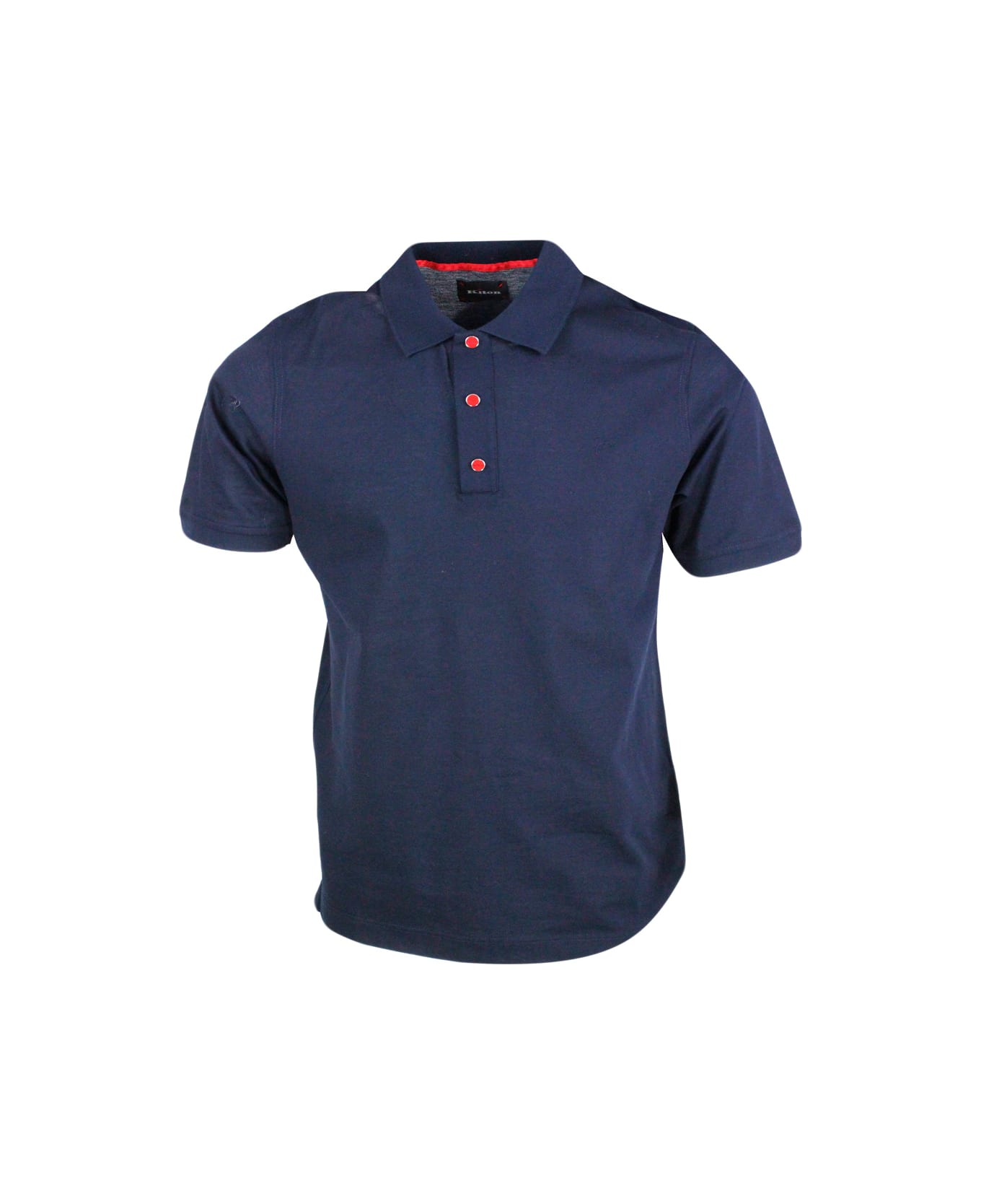 Kiton Short-sleeved Polo Shirt In Very Soft Piqué Cotton With Closure With Three Automatic Buttons With Logo - Blu navy