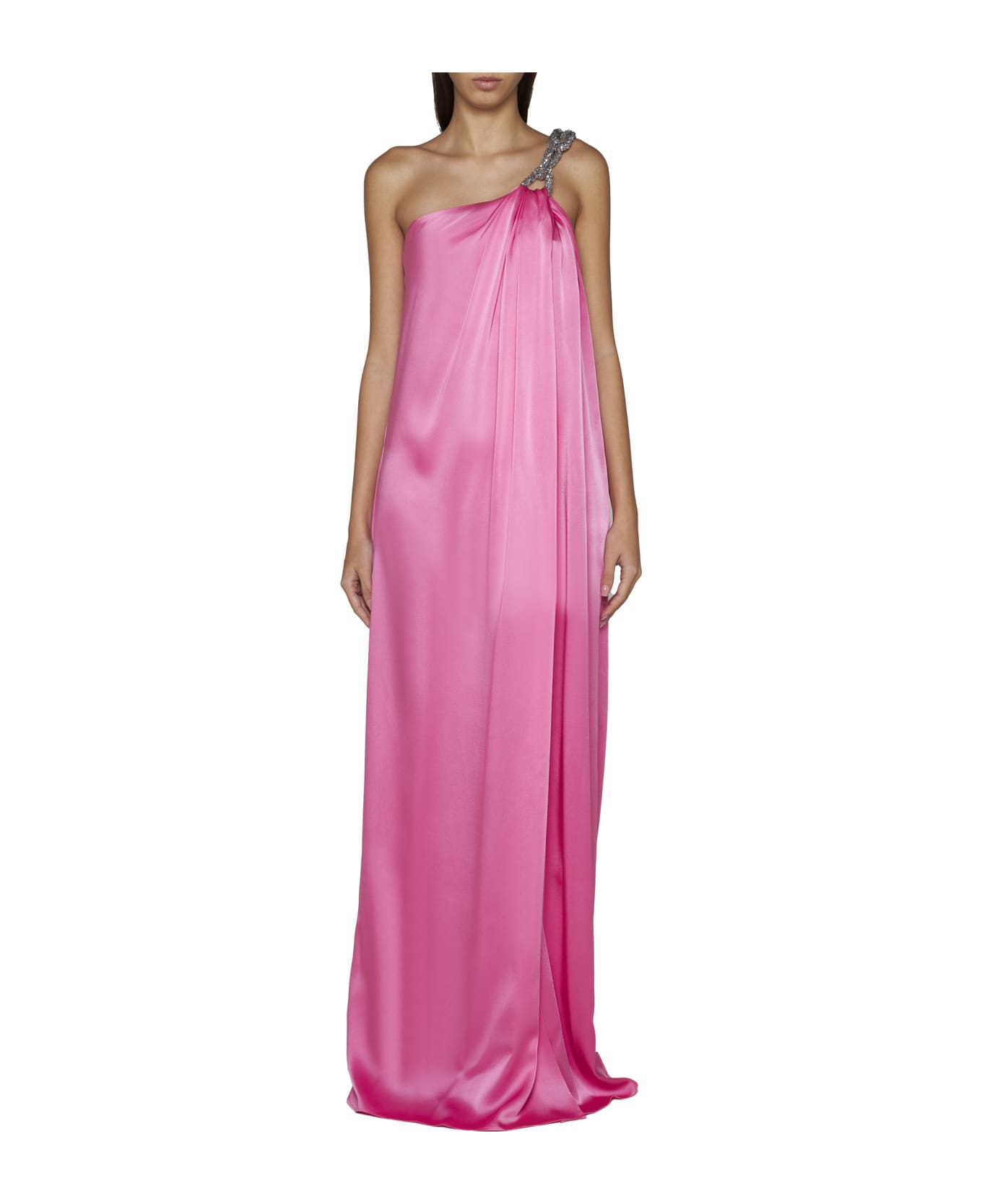 Stella McCartney One-shoulder Maxi Dress With Crystal Chain In Double Satin - Bright Pink