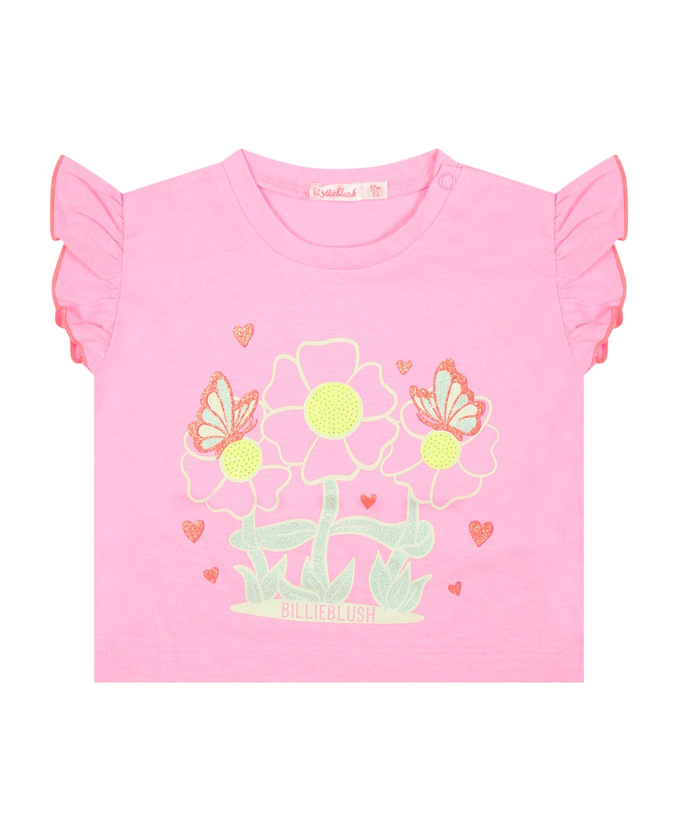 Billieblush Fuchsia T-shirt For Baby Girl With Ruffles And Multicolored Print - Fuchsia Tシャツ＆ポロシャツ