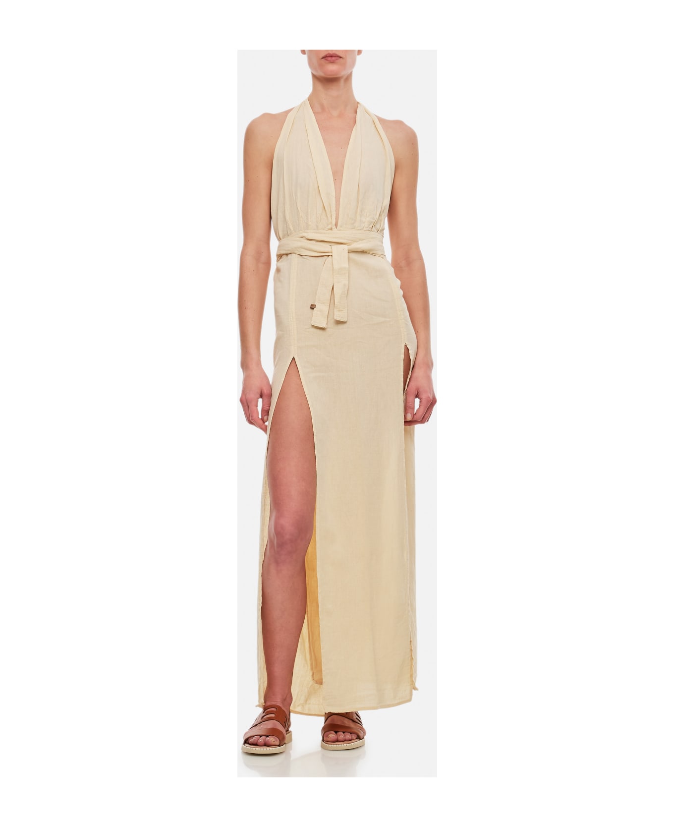 Caravana Tacoh Cotton Long Dress With Slits - Beige