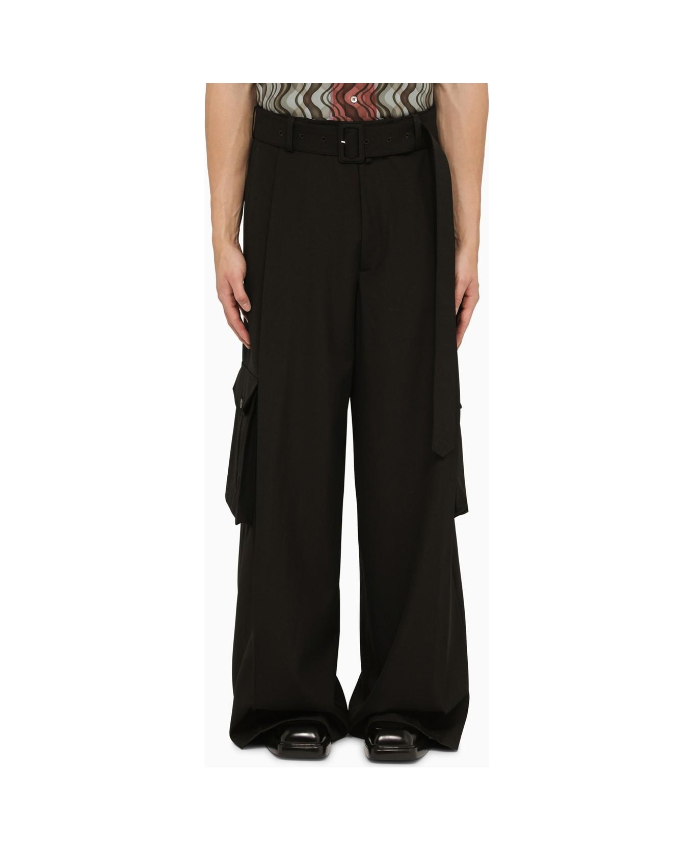 Dries Van Noten Black Wool Wide Trousers With Belt - Black