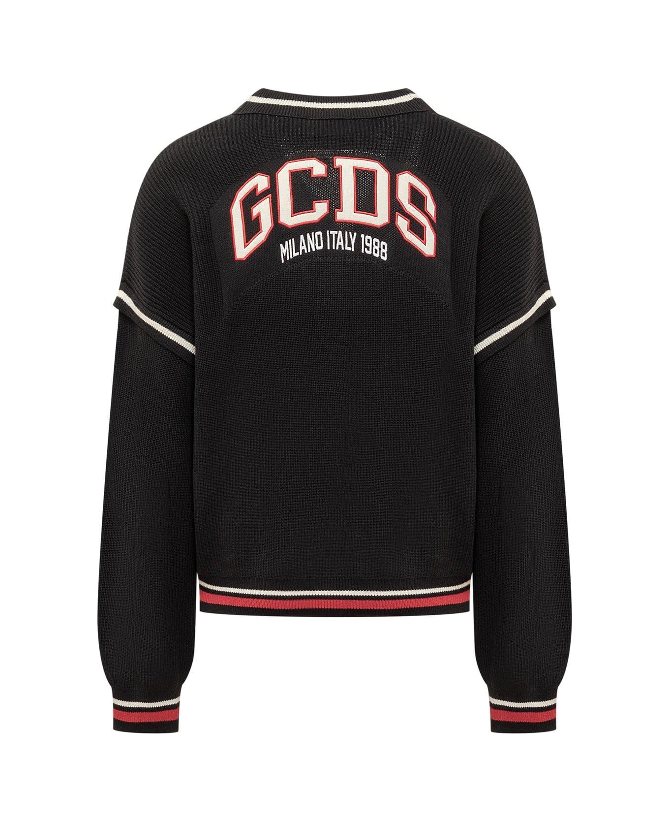 GCDS Stripe Detailed Logo Knitted Cardigan - Black