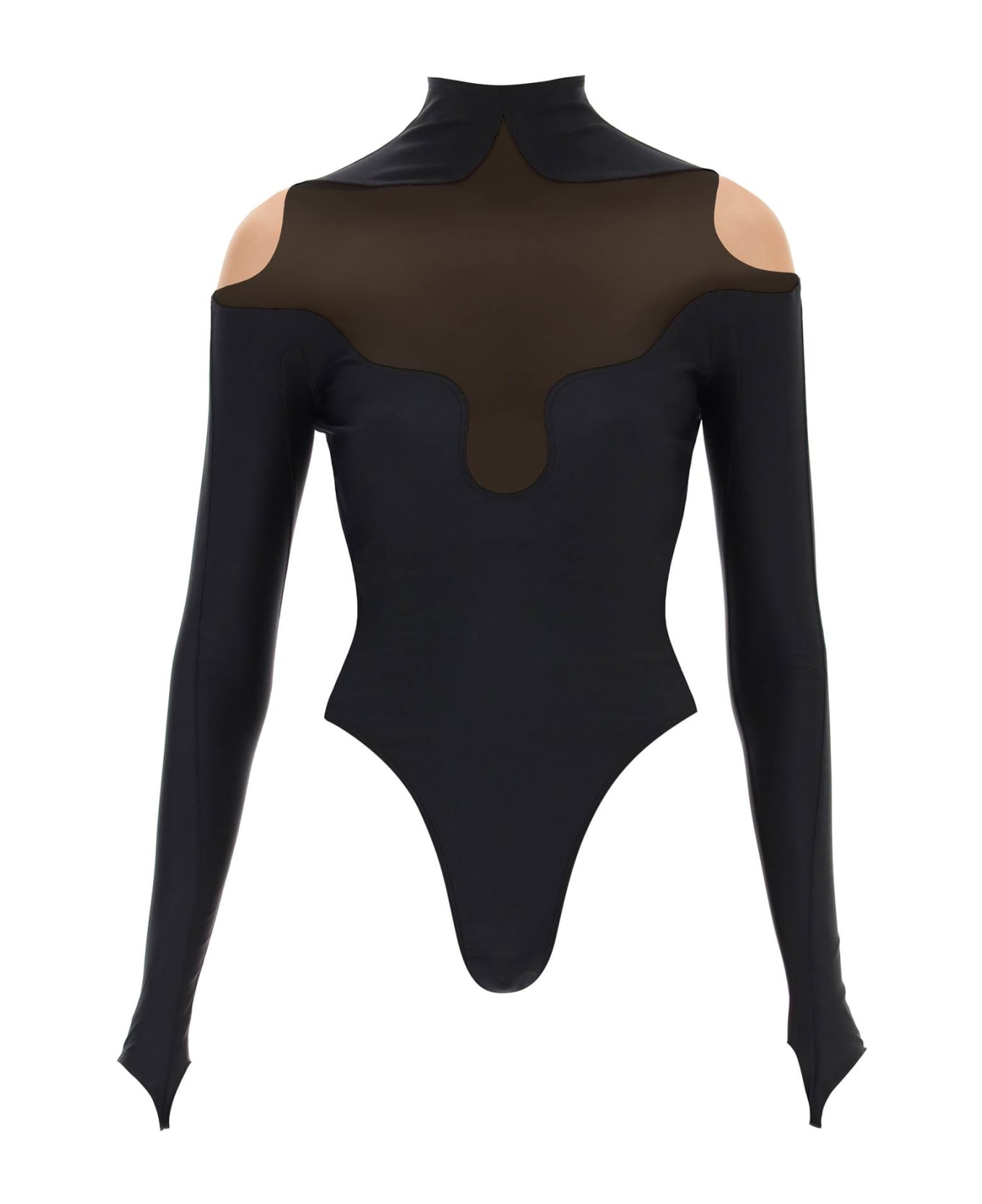 Mugler Long Sleeve Illusion Bodysuit - BLACK NUDE01 (Black) ボディスーツ