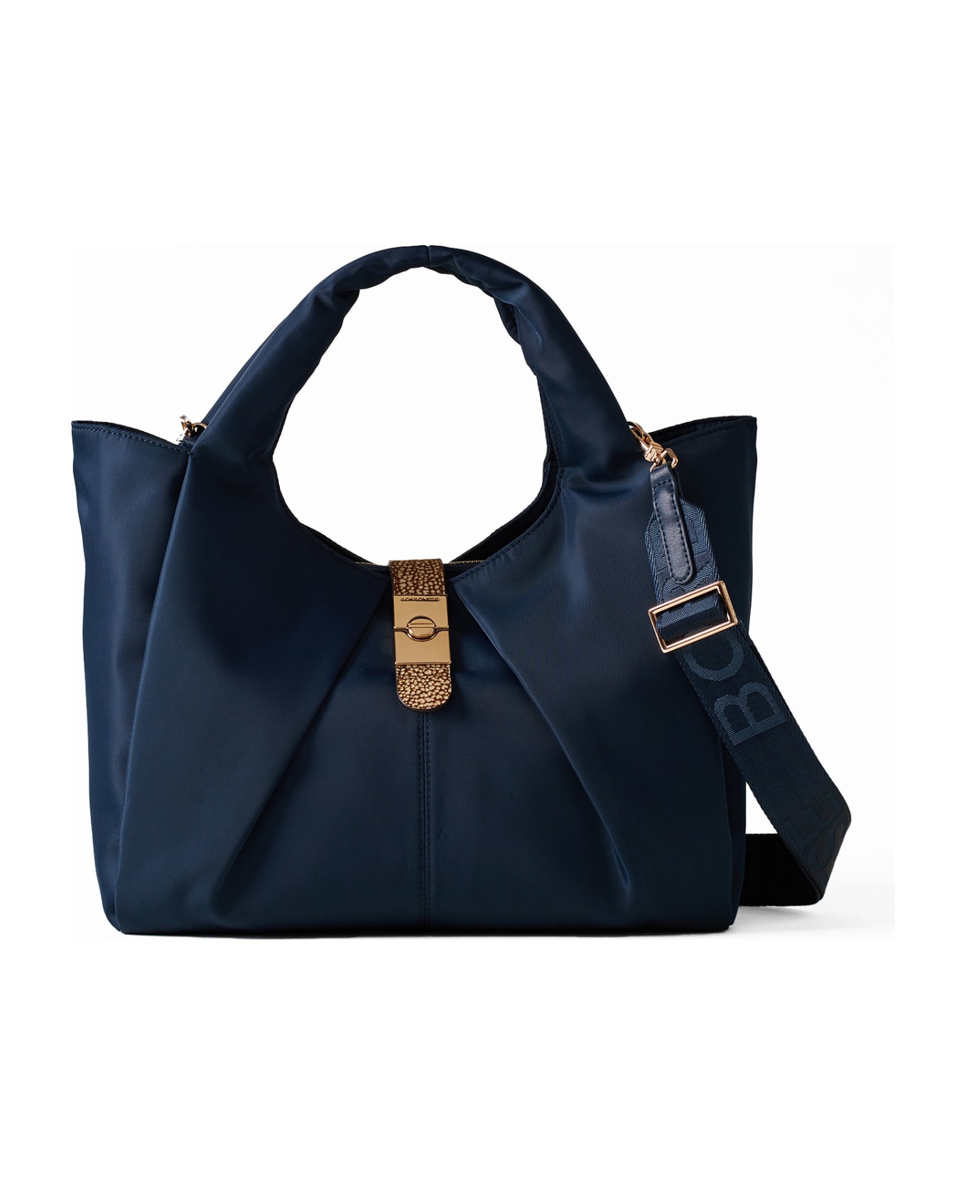Borbonese Fabric And Leather Handbag With Shoulder Strap - BLU PRUSSIA/OP NAURALE