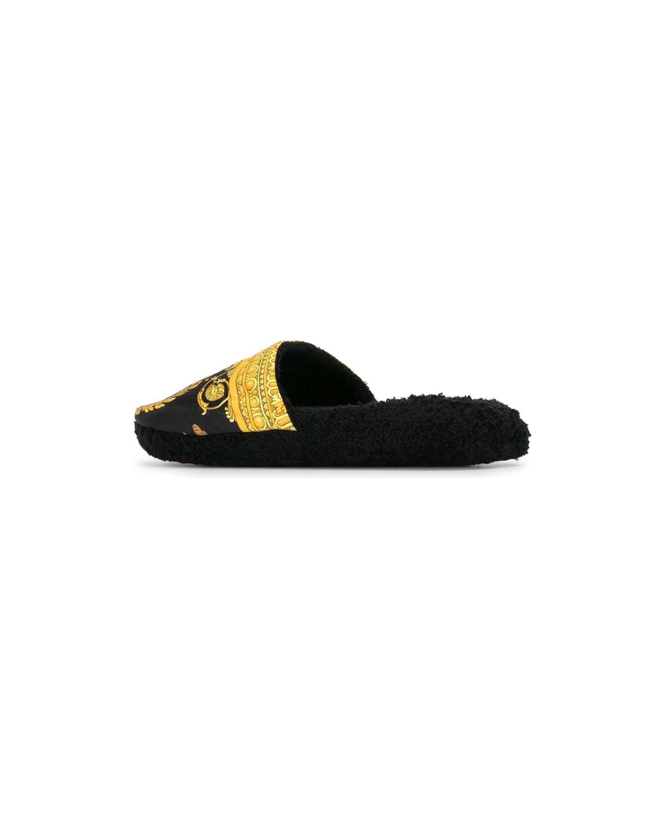Versace Black And Gold House Slippers In Cotton And Terry With Baroque Print - Black