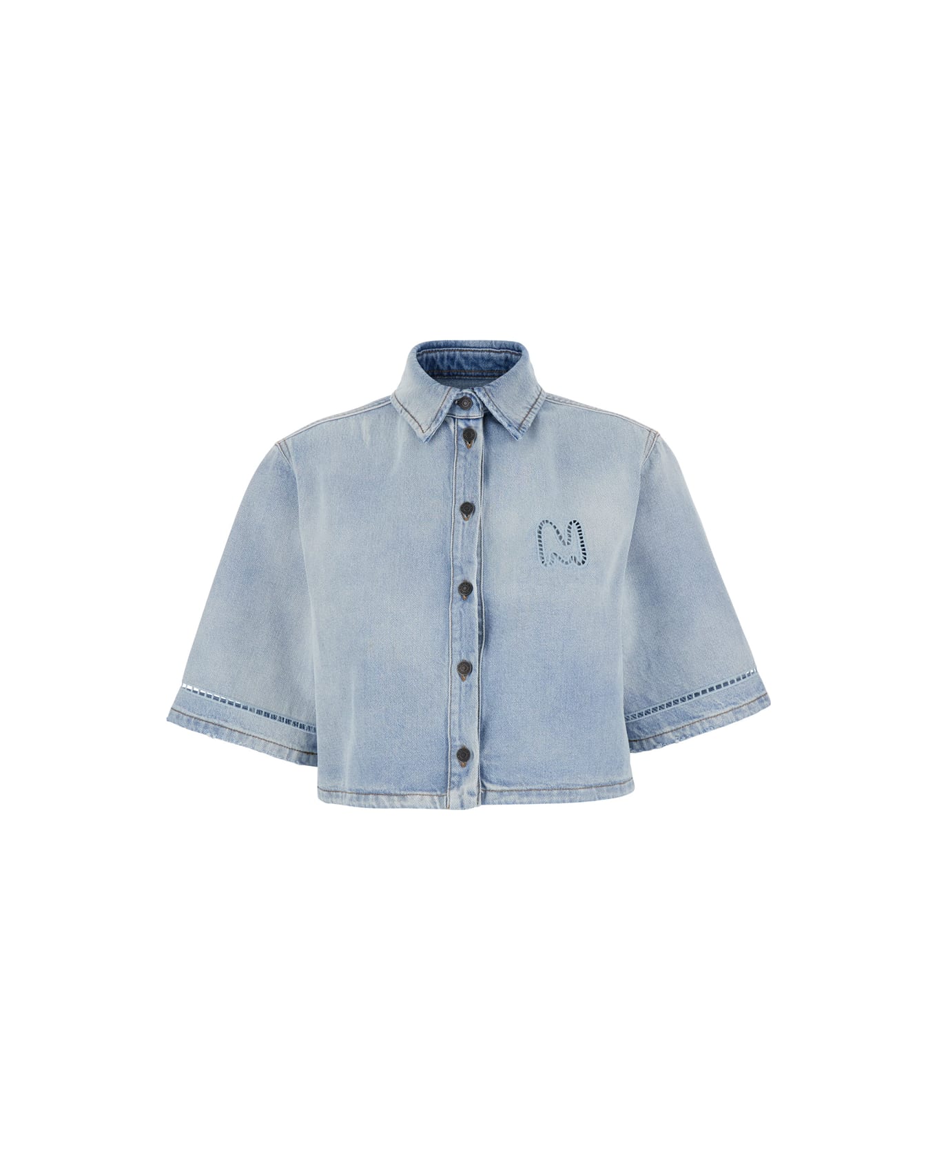 MSGM Light Blue Crop Shirt With Logo On The Front And Perforated Details In Denim Woman - Light blue