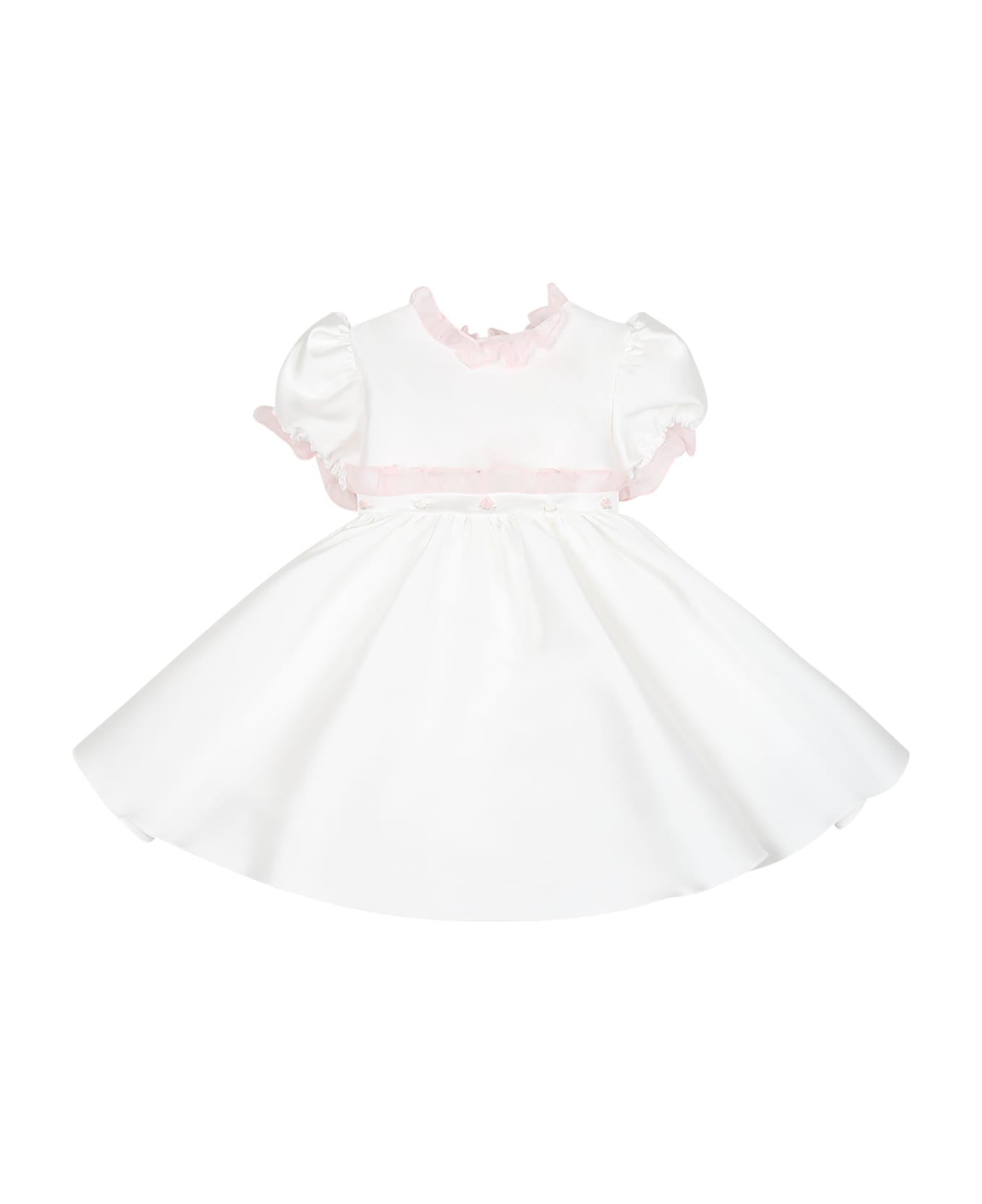 La stupenderia White Dress For Baby Girl With Flowers - White