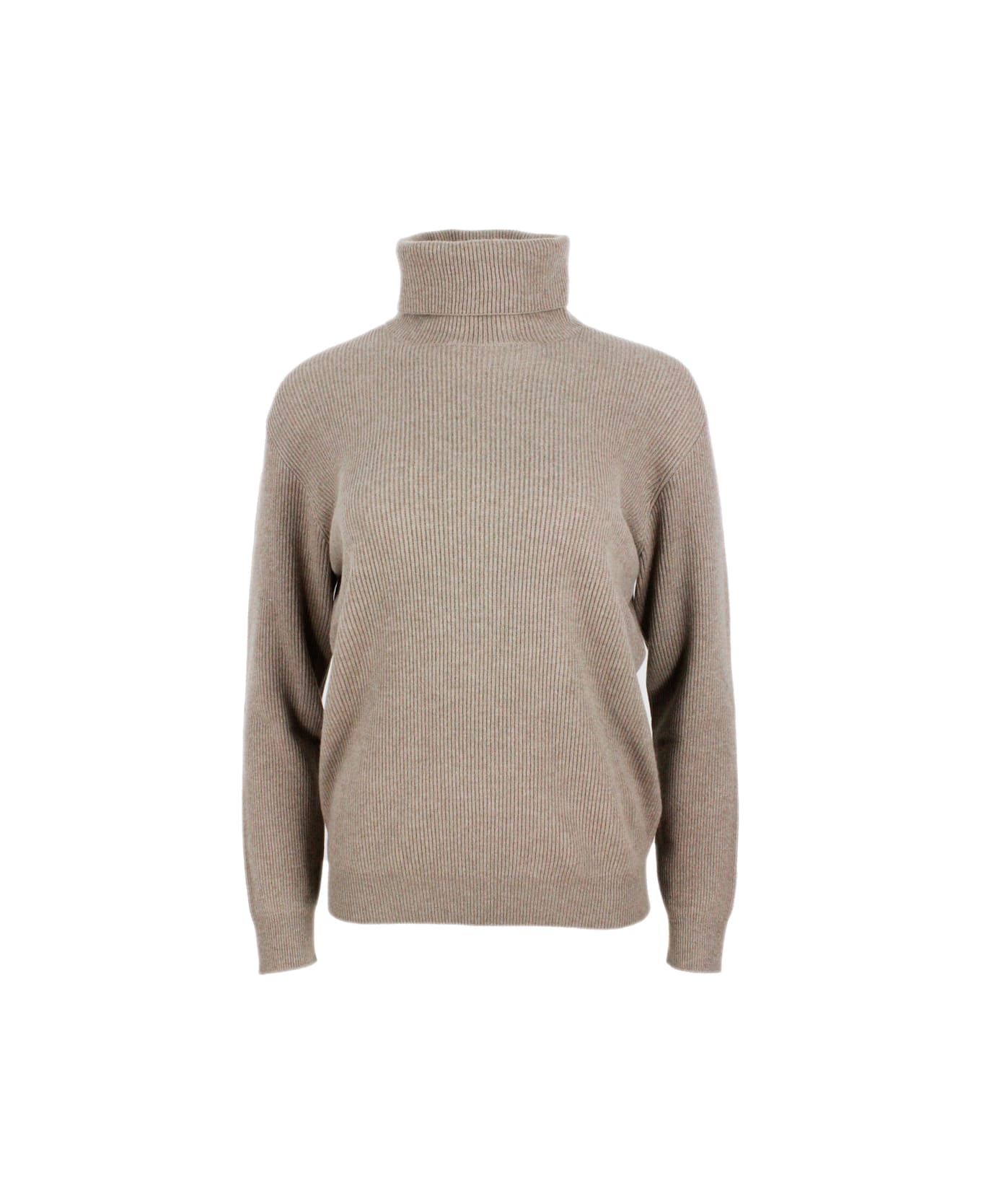 Brunello Cucinelli High Neck Sweater In Soft And Pure Cashmere Half English Rib With Monili Detail On The Neck In The Back - Tobacco ニットウェア