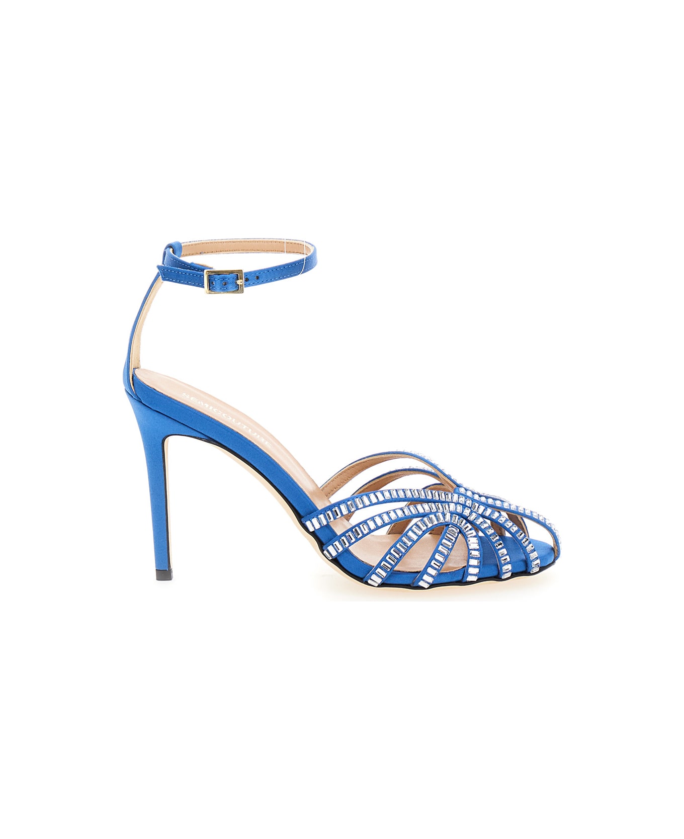 SEMICOUTURE Light Blue Sandals With Baguette Rhinestones In Satin Woman - Blu