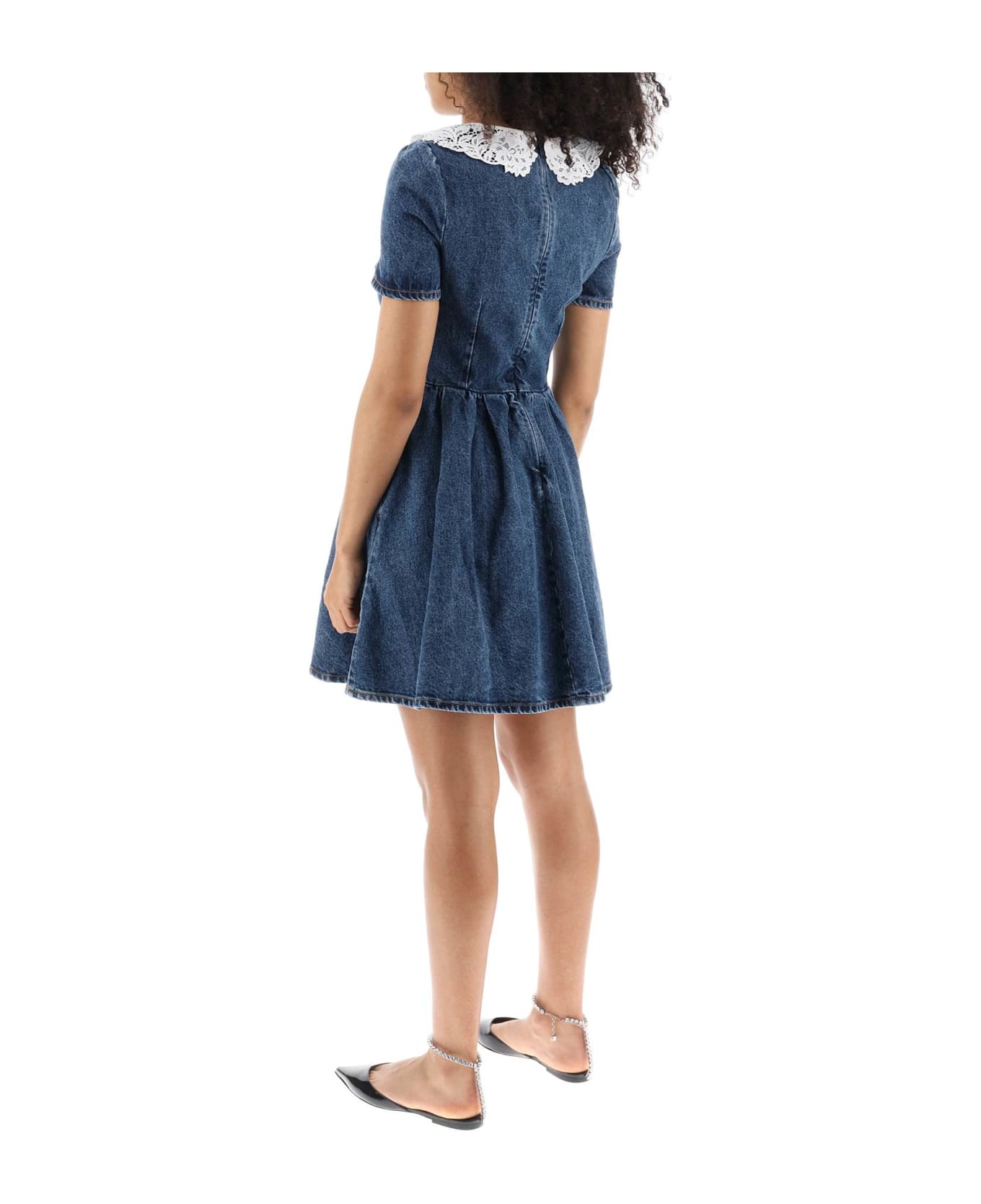 self-portrait Denim Mini Dress With Lace Collar And Jewel Buttons - Bl Blue