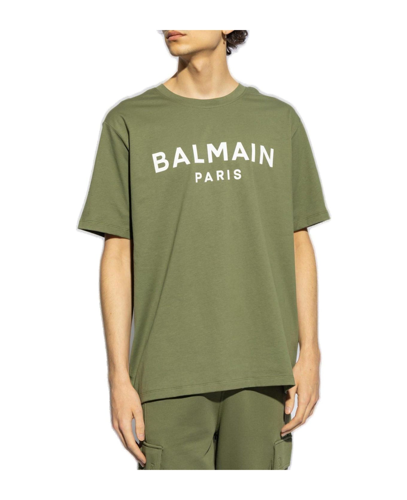 Balmain Logo Printed Crewneck T-shirt - GREEN/WHITE