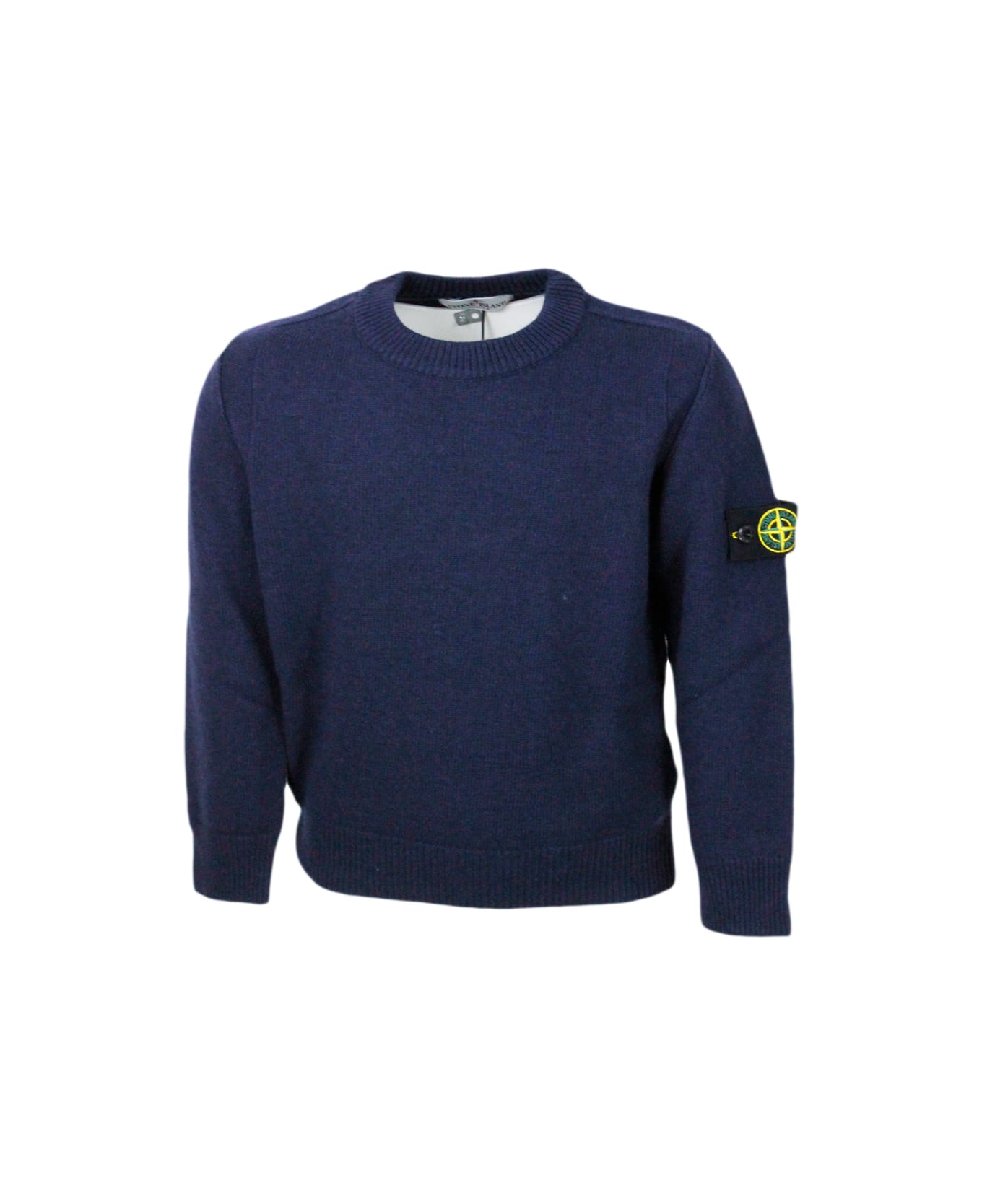 Stone Island Junior Long-sleeved Crew-neck Sweater In Wool Blend With Badge On The Left Sleeve - Blu