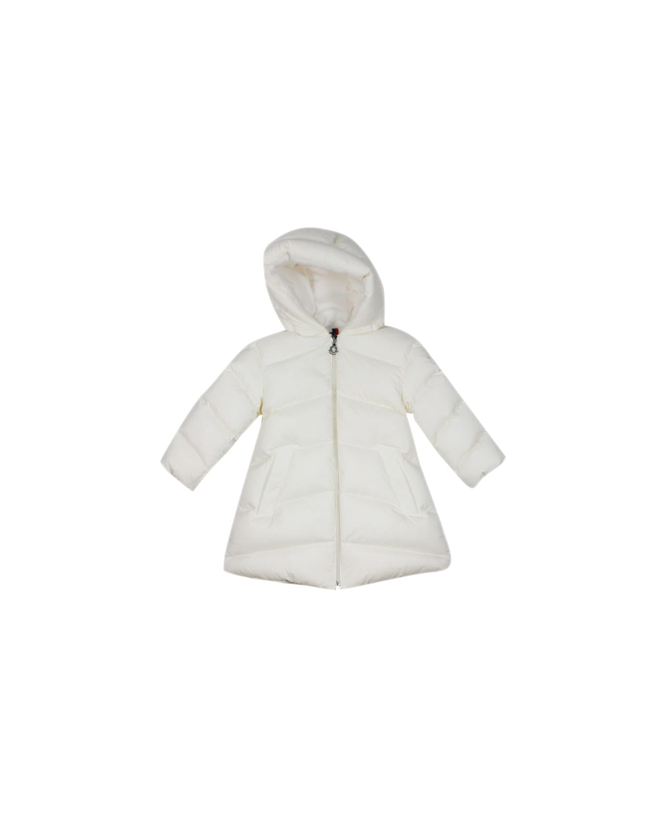 Moncler Long Down Jacket Pesha In Real Goose Down With Hood And Elastic Waistband - White