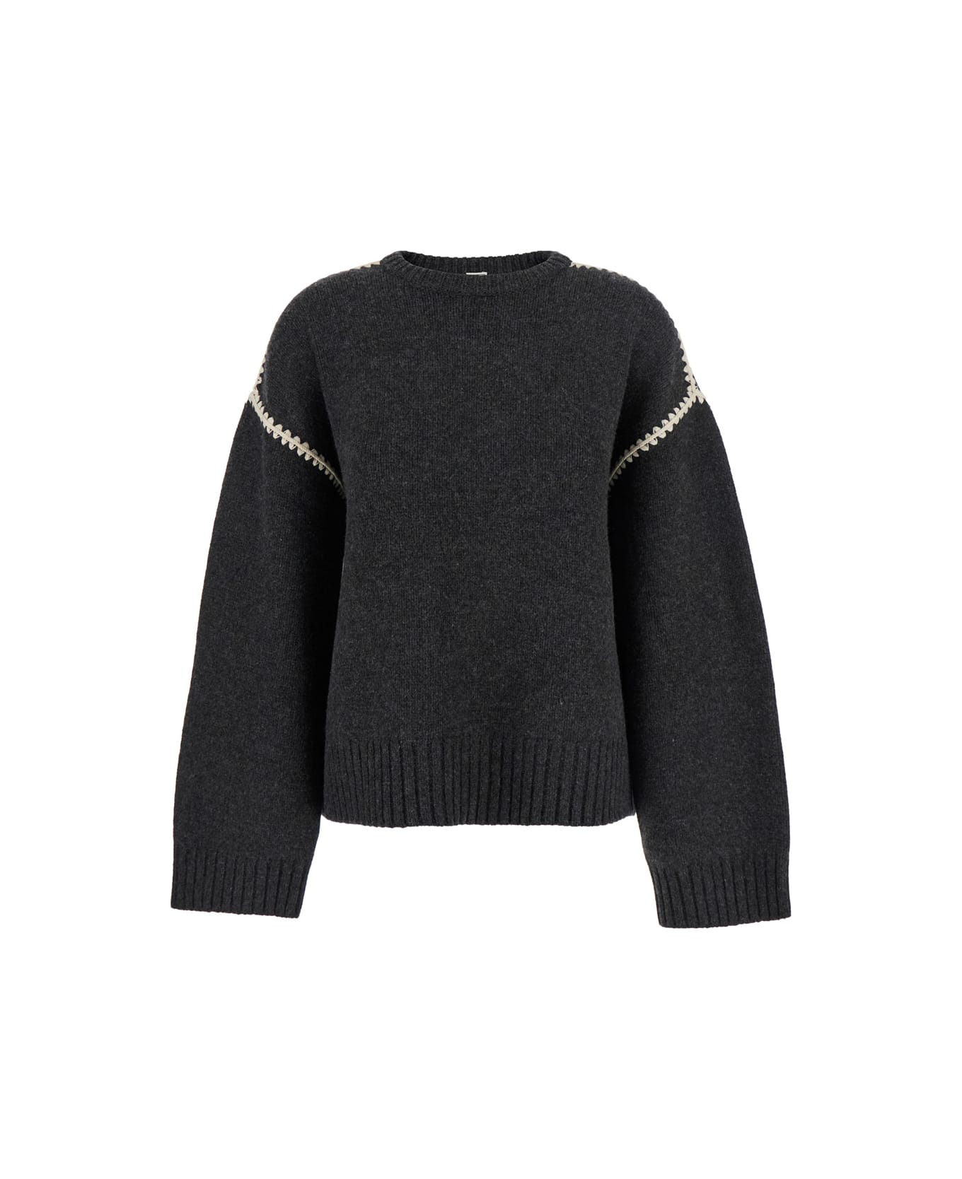 Totême Grey Crewneck Sweater With Embroidery Detail On The Sleeve In Wool And Cashmere Blend Woman - Grey