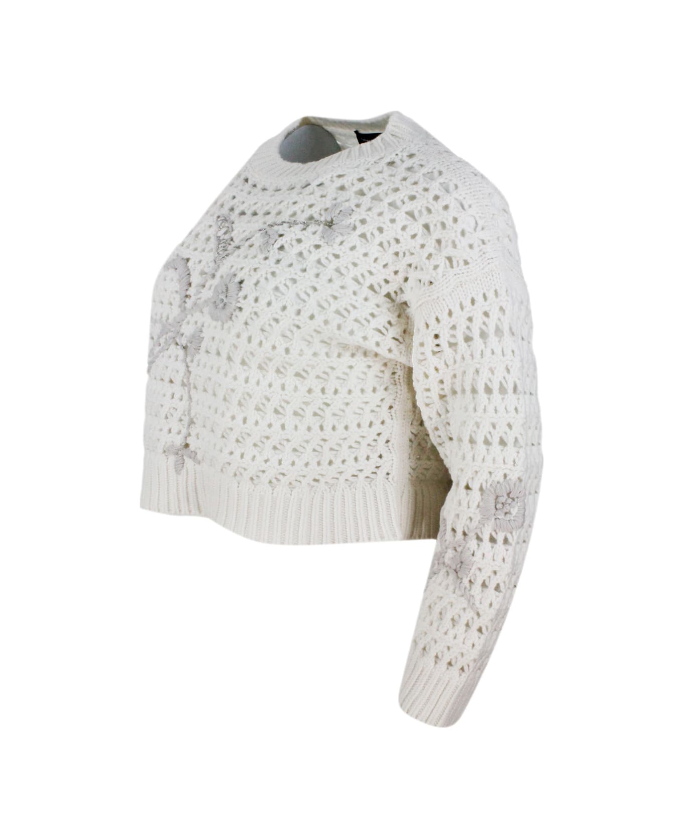 Fabiana Filippi Long-sleeved Round-neck Sweater In Platinum Wool, Silk And Cashmere Yarn With Embroidery And Chain Of Brilliant Jewels On The Front - cream