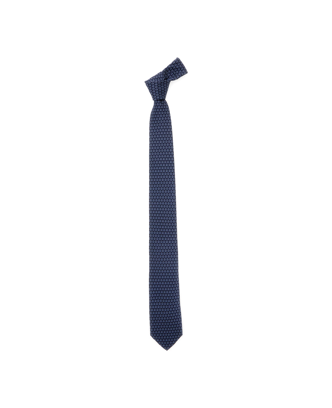 Ferragamo Blue Tie With All-over Mini Logo Print In Silk Man - Navy