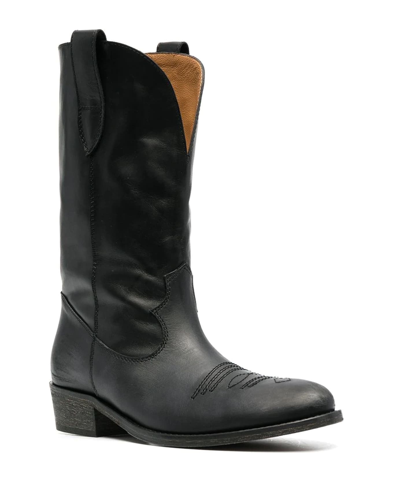 Via Roma 15 Black Leather Leather Western-style Boots - Black