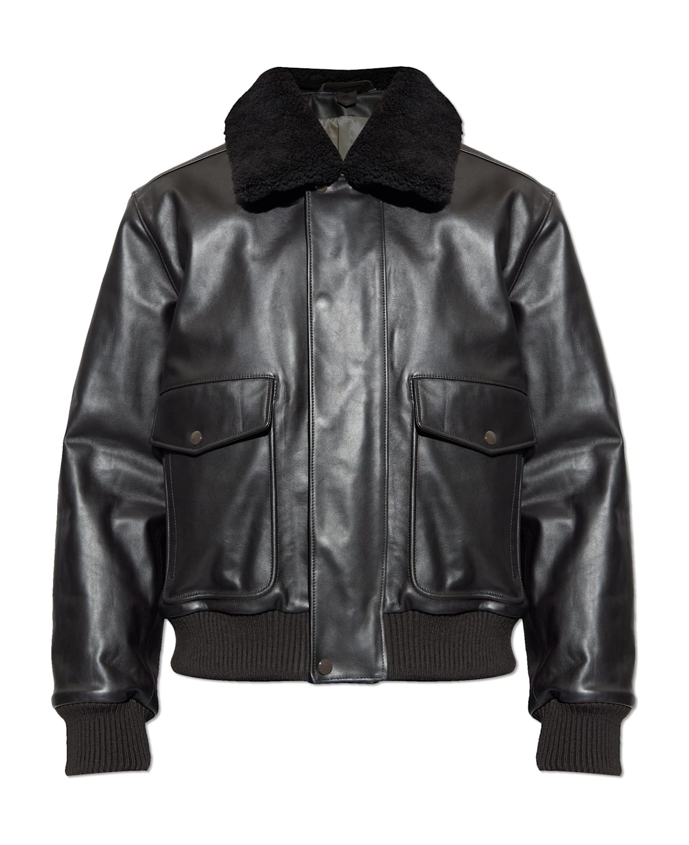 Lemaire Leather Jacket With Faux Fur Collar - BROWN