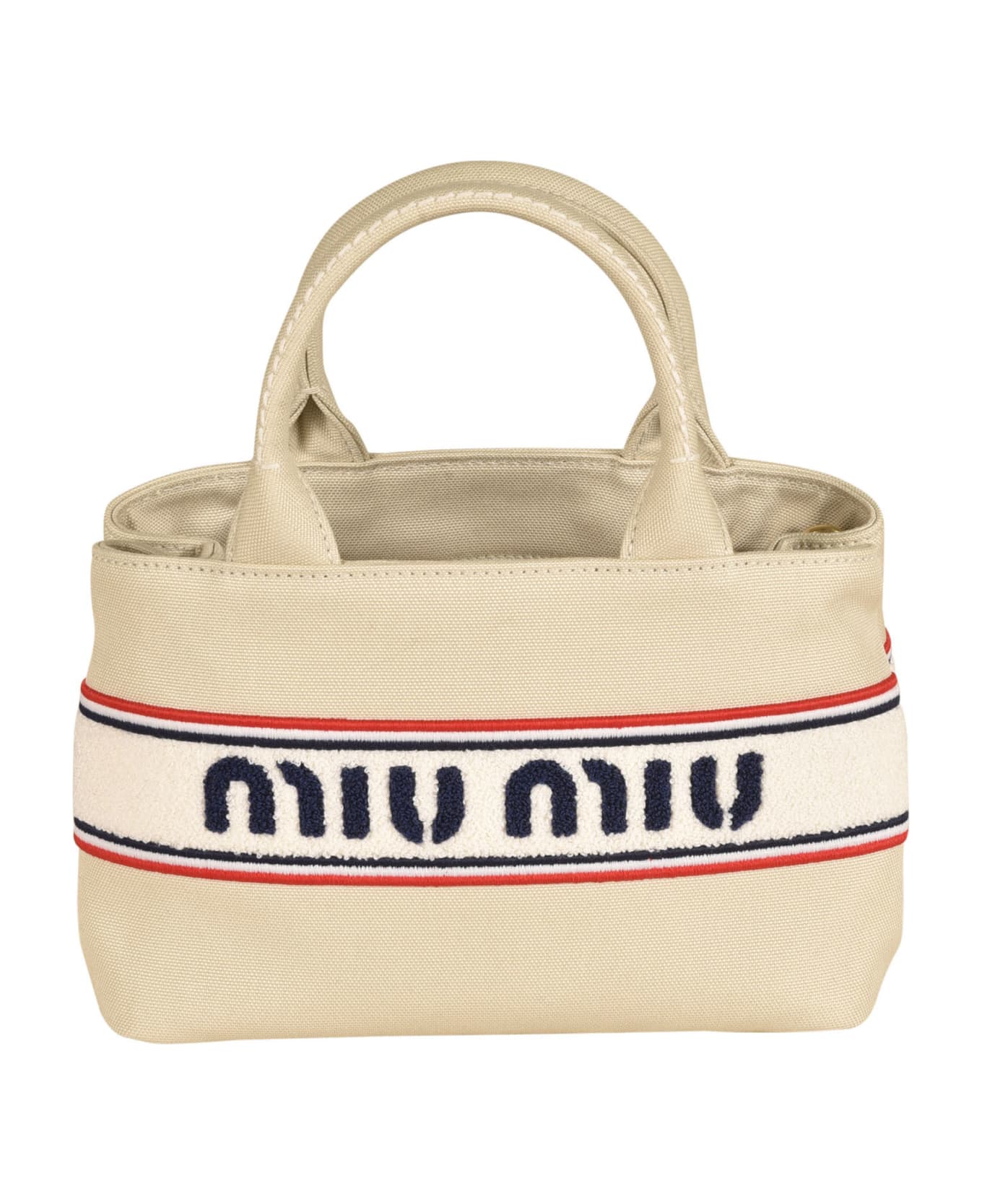 Miu Miu Stripe Logo Detail Top Handle Handbag - Gesso