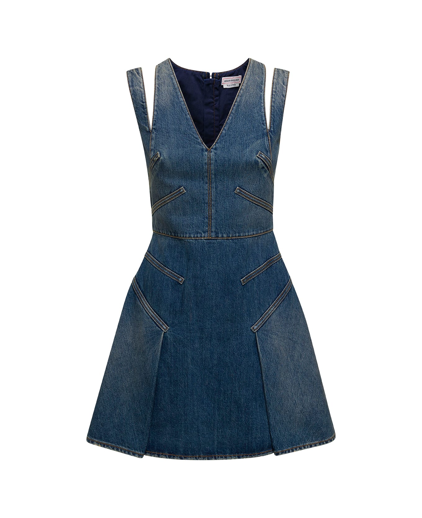 Alexander McQueen Blue Mini Dress With Cut-out Detail And Pleated Skirt In Cotton Denim Woman - Blu