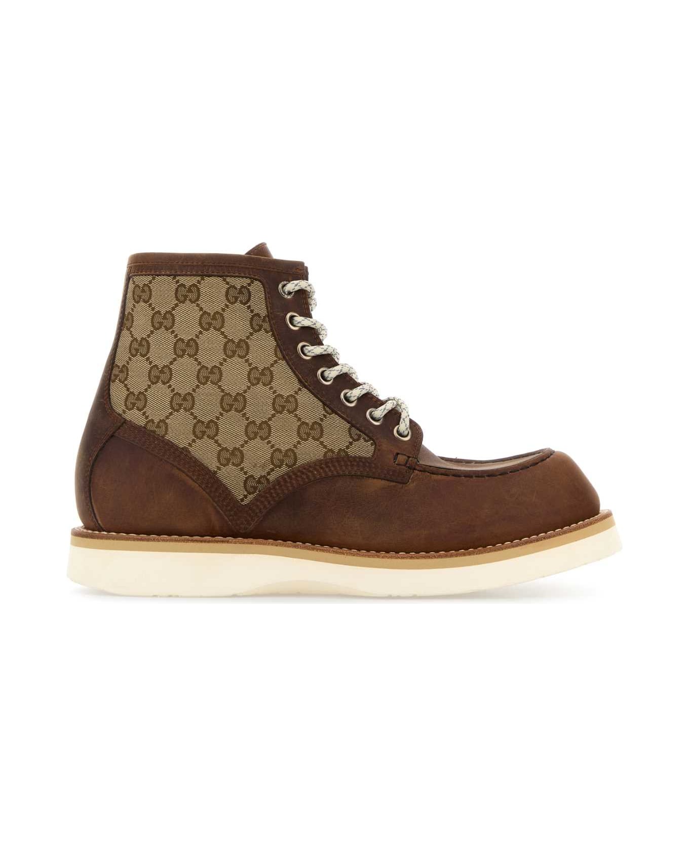 Gucci Multicolor Gg Fabric And Leather Ankle Boots - CUIRBEIGEEBONY