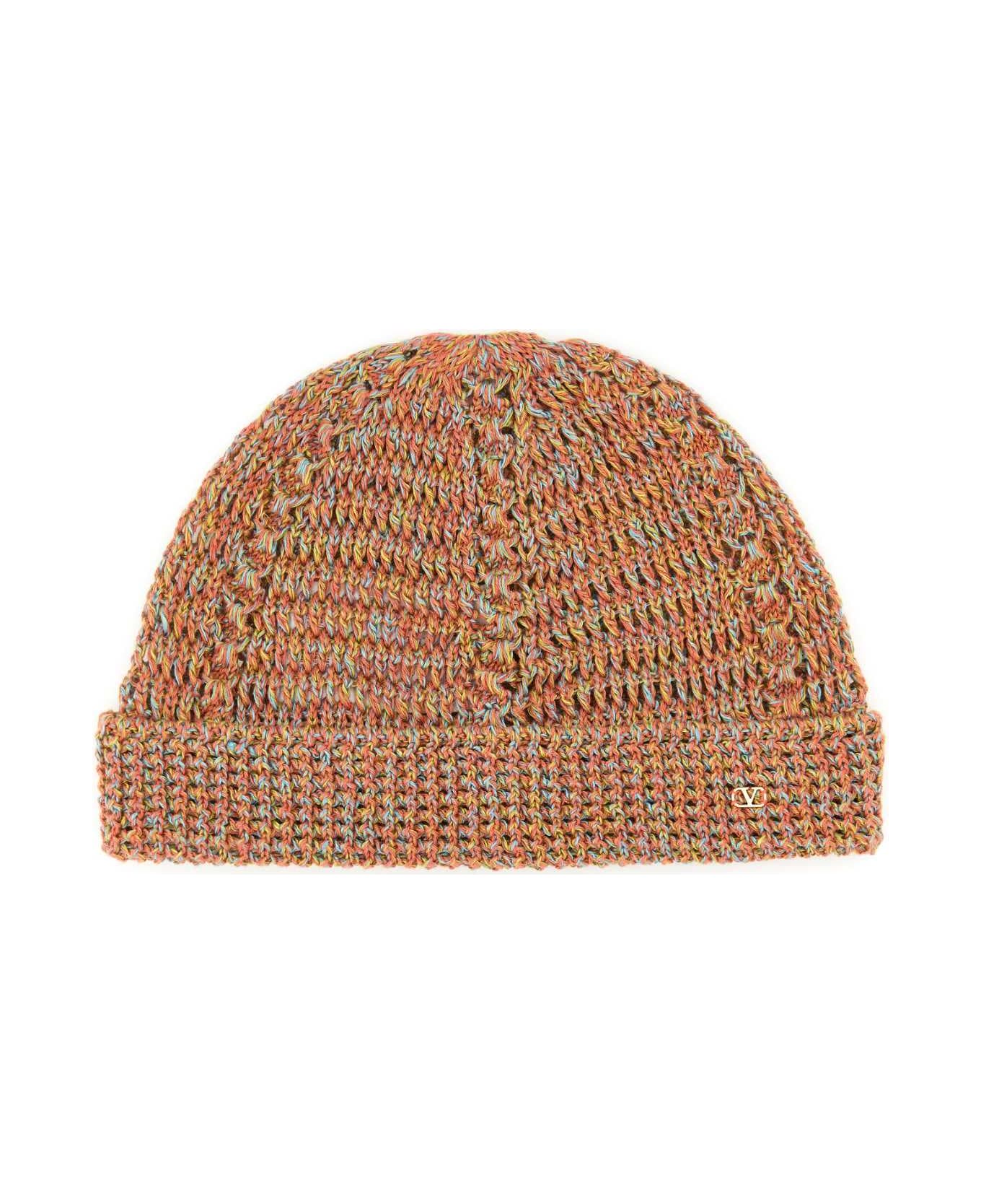 Valentino Garavani Multicolor Linen Blend Knitted Vlogo Signature Beanie Hat - OCRAMOULINE'
