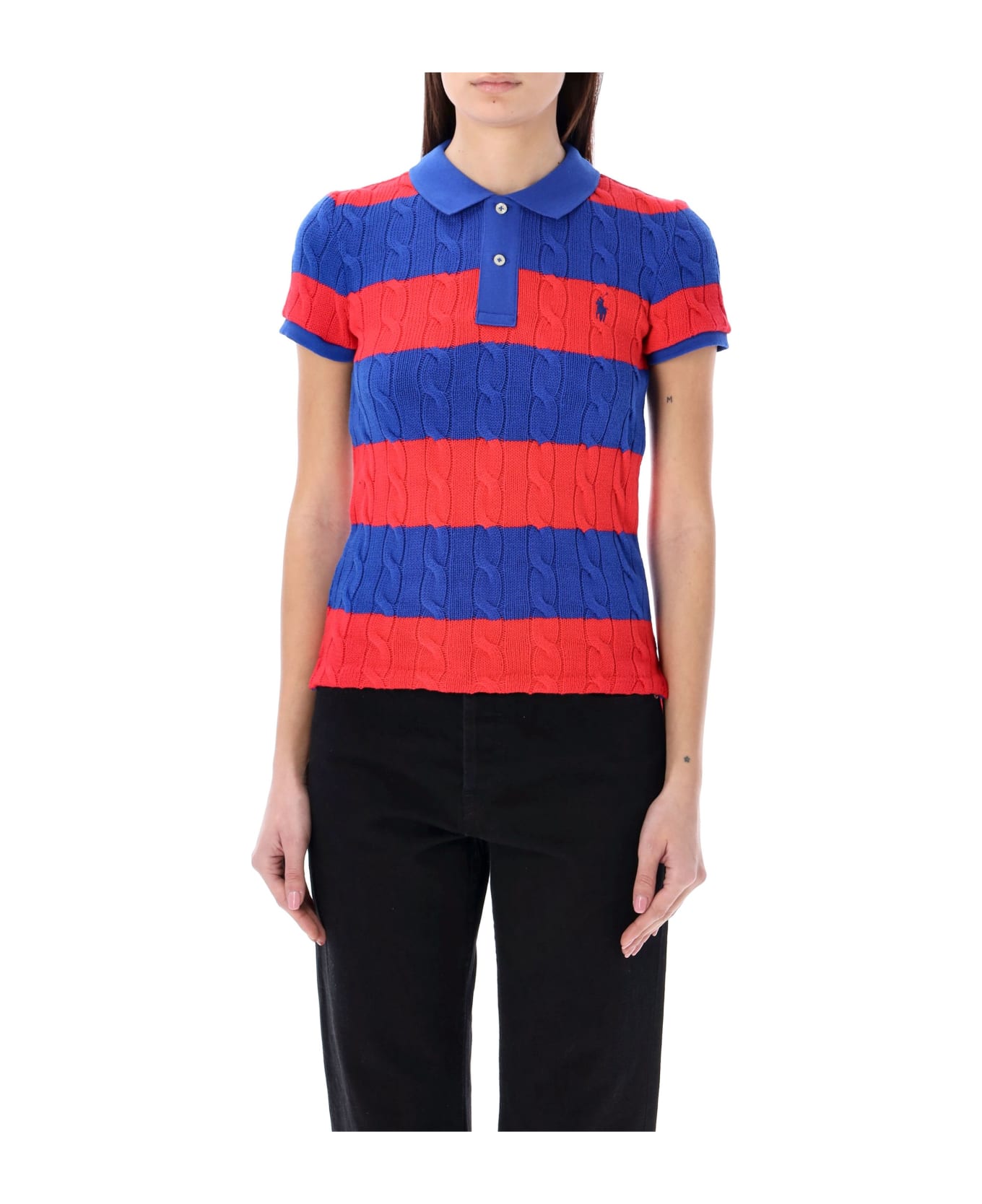 Polo Ralph Lauren Cotton Cable Knit Striped Polo Shirt - RED BLUE