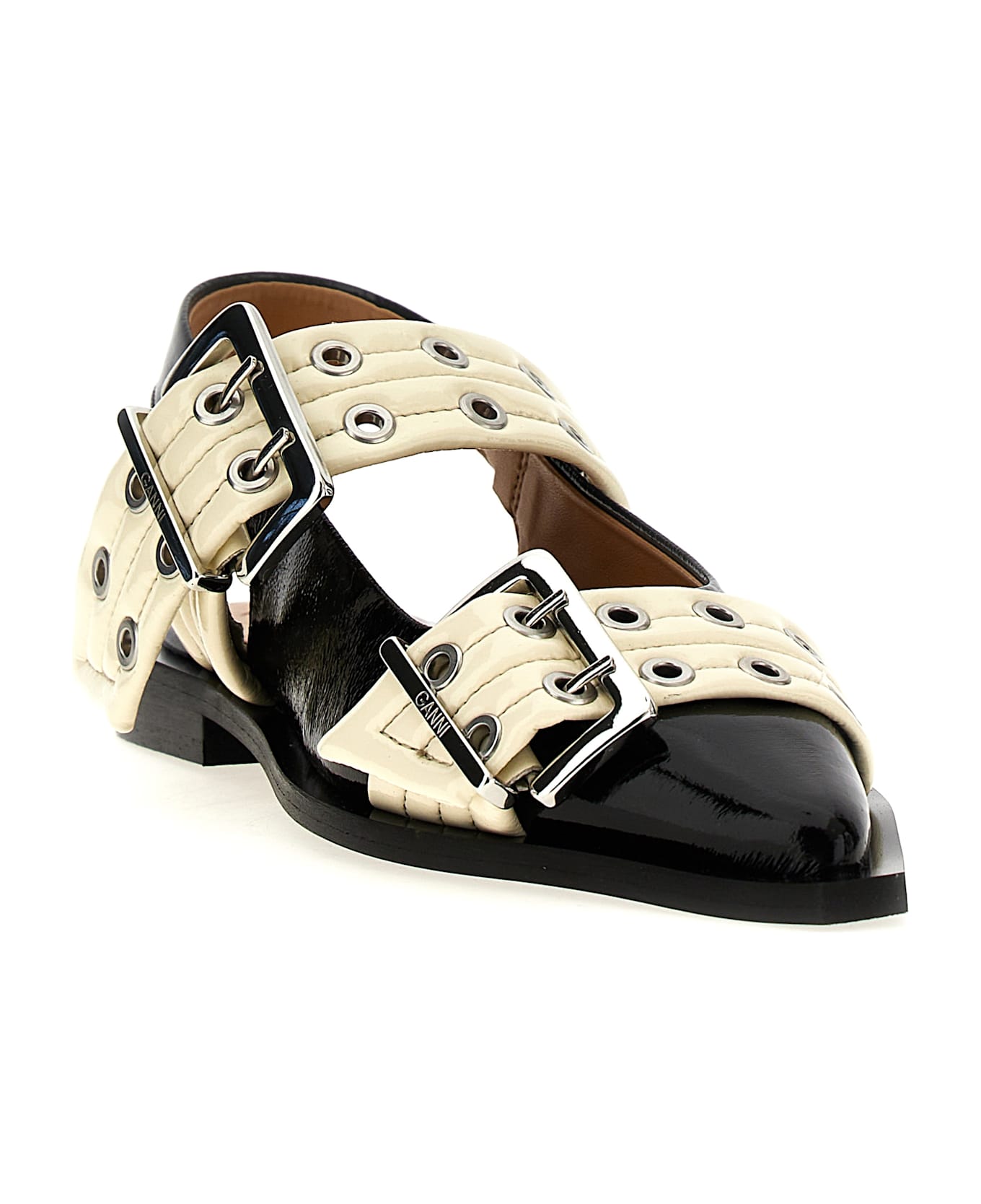 Ganni 'wide Belt Buckle' Ballet Flats - White/Black