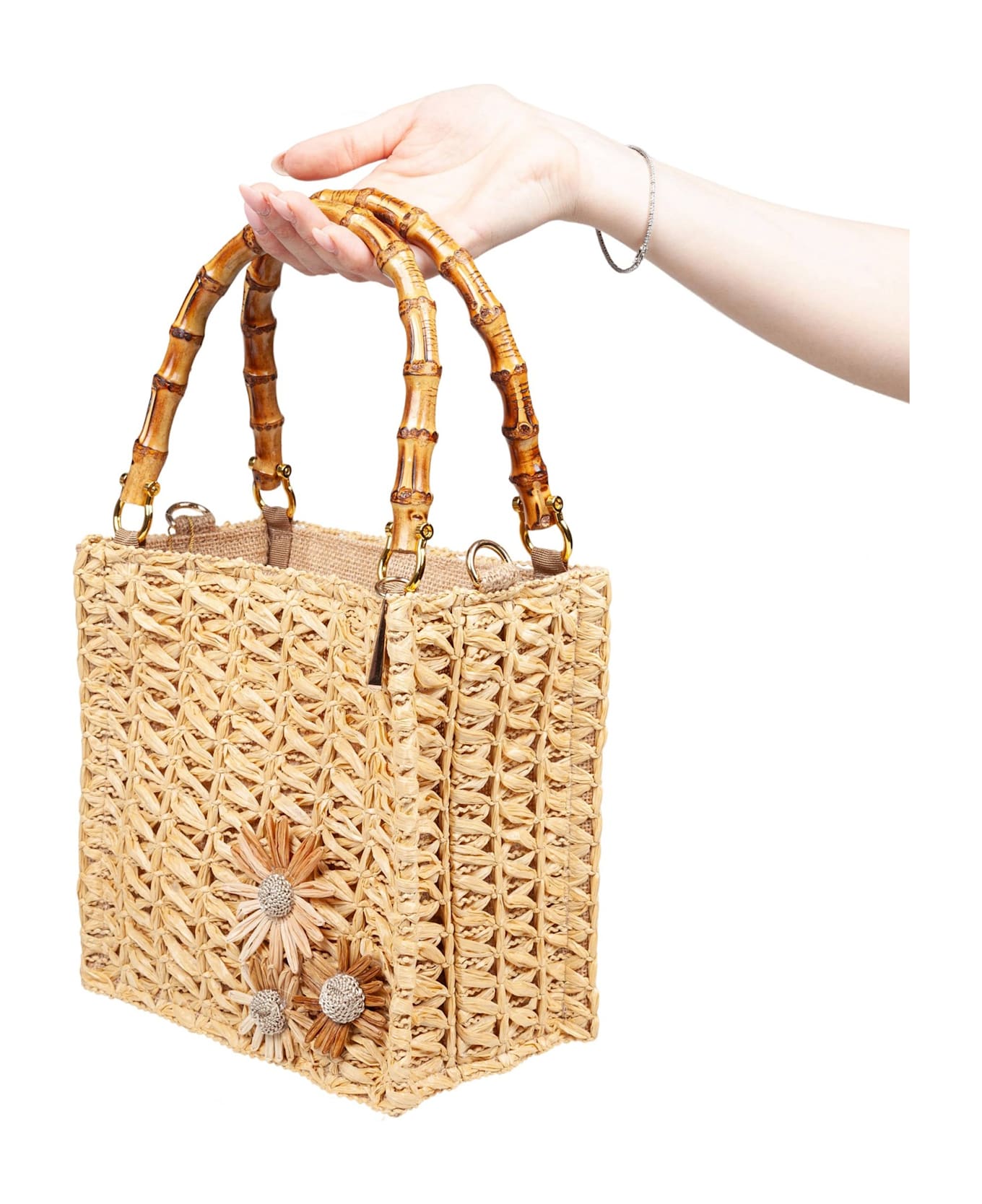 LaMilanesa Camille Small Tote Bag In Straw With Flowers Applied - STRAW