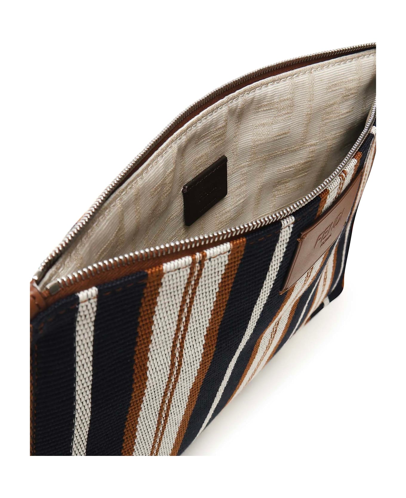 Fendi Signature Striped Medium Flat Clutch - BLUE/WALNUT