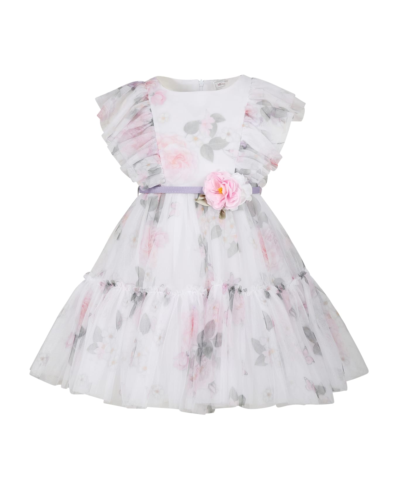 Monnalisa White Dress For Girl With Floral Print - White ワンピース＆ドレス