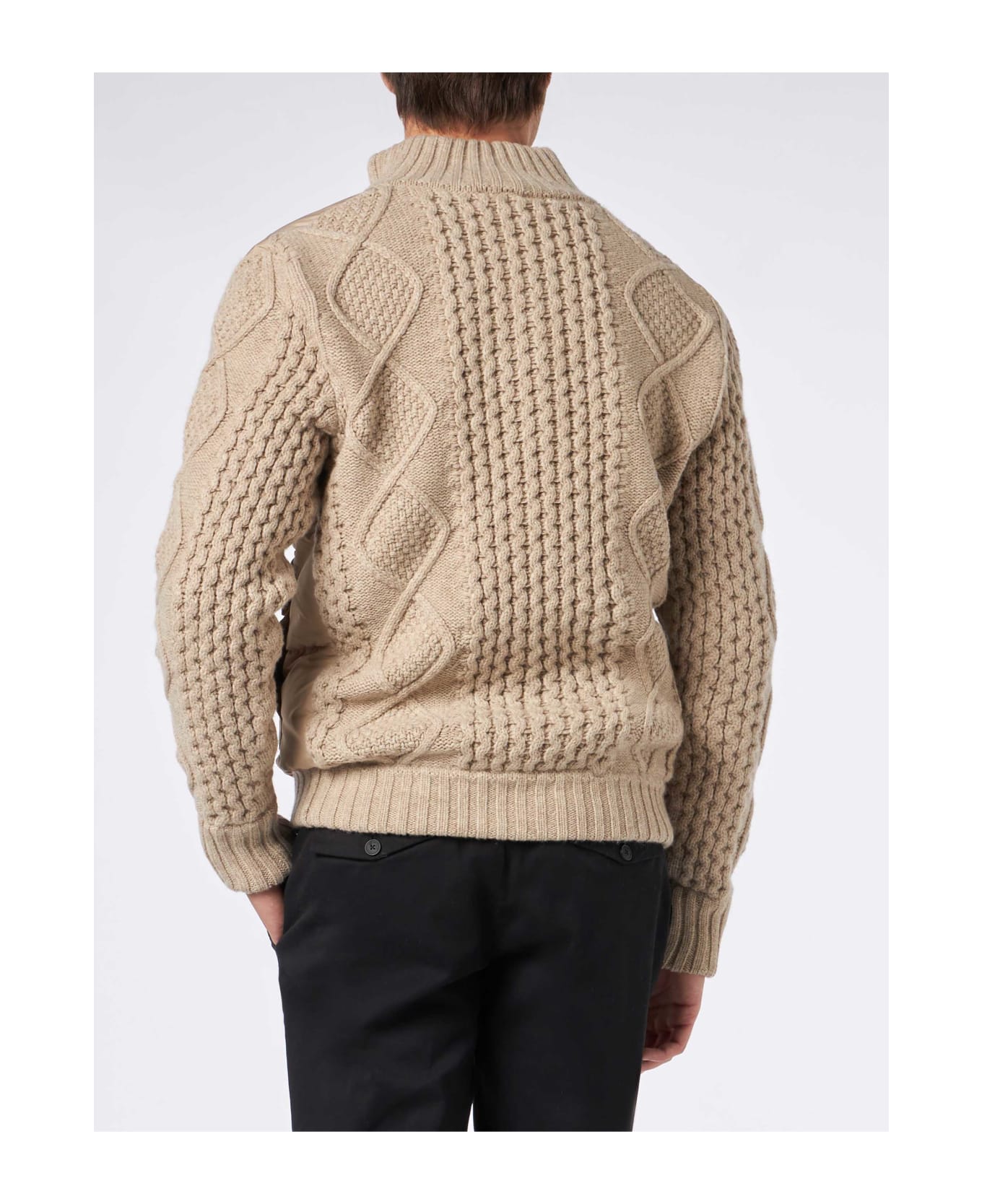 MC2 Saint Barth Man Beige Padded Jacket With Knitted Braided Sleeves - WHITE