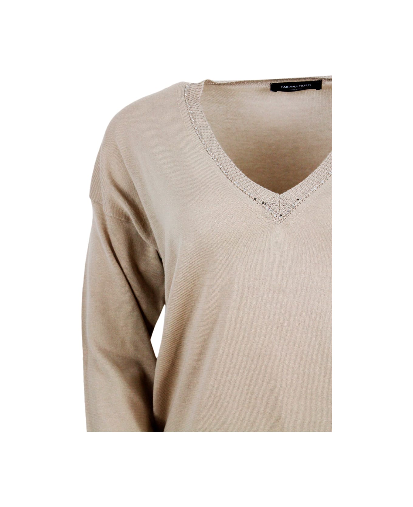 Fabiana Filippi Long-sleeved V-neck Sweater In Fine Cotton Embellished With Brilliant Applied Microsequins - Camel
