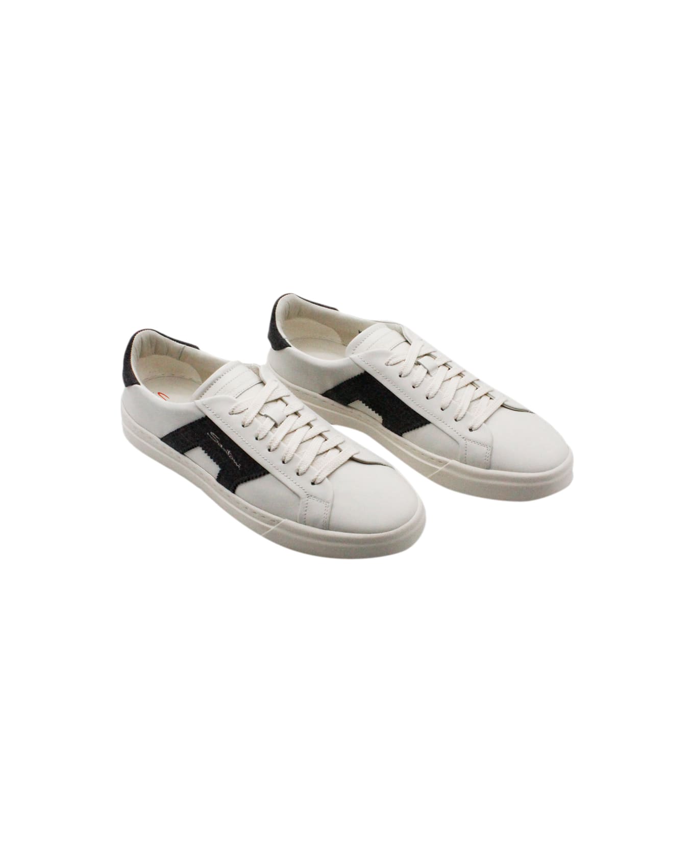 Santoni Sneaker In Soft Calfskin With Side And Back Inserts In Contrasting Color With Logo Lettering. Closing Laces - White