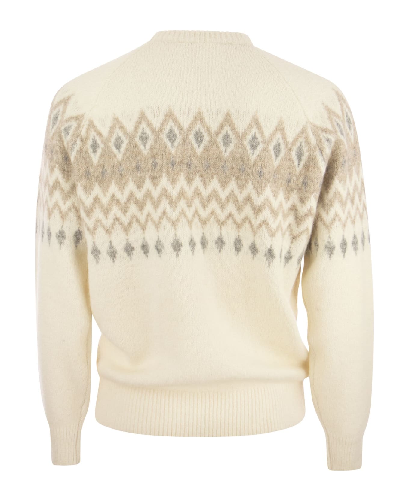 Brunello Cucinelli Icelandic Jacquard Buttoned Sweater In Alpaca, Cotton And Wool - Panama/grey/sand